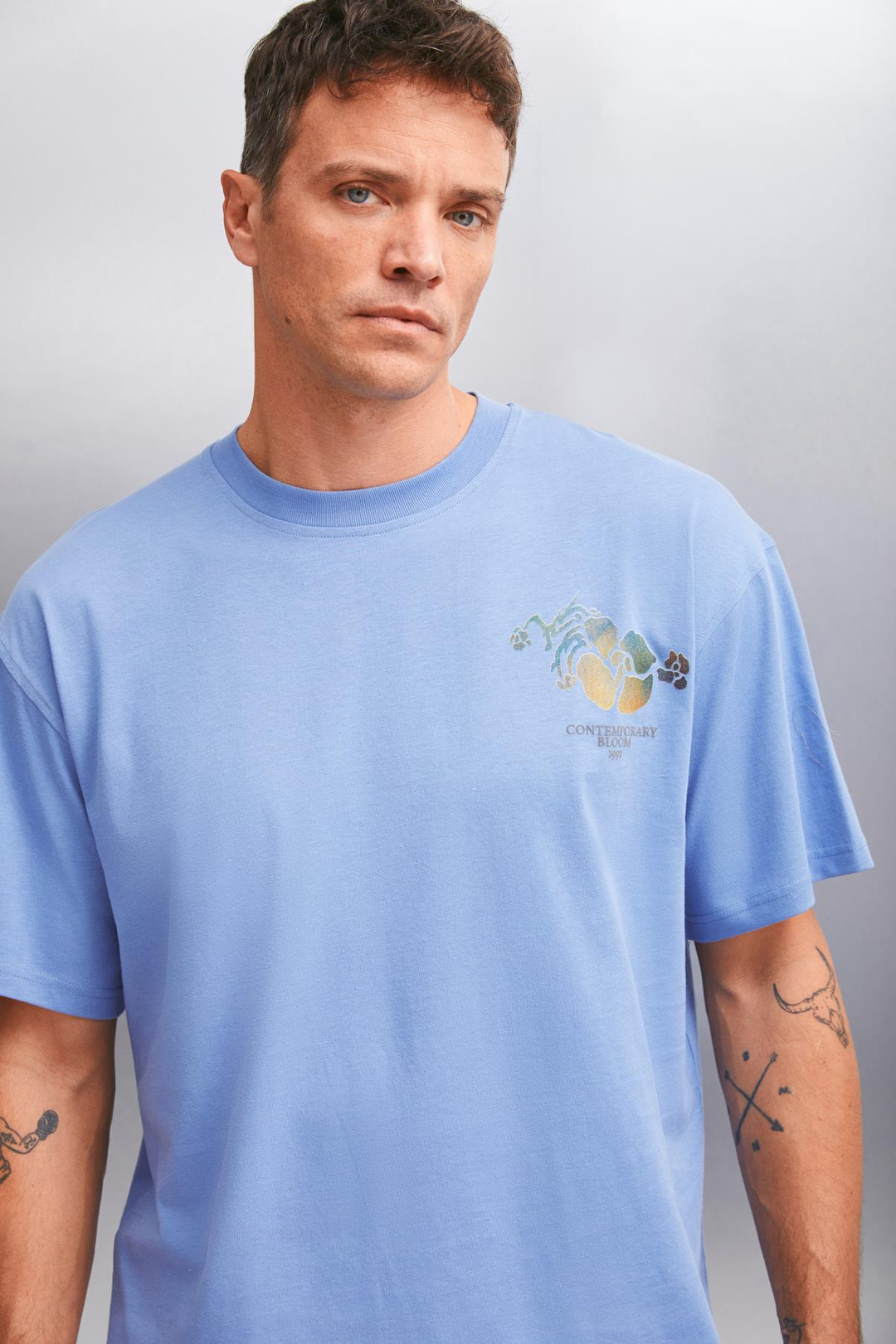 PHILLIP  Oversize Mavi Tekli T-Shirt