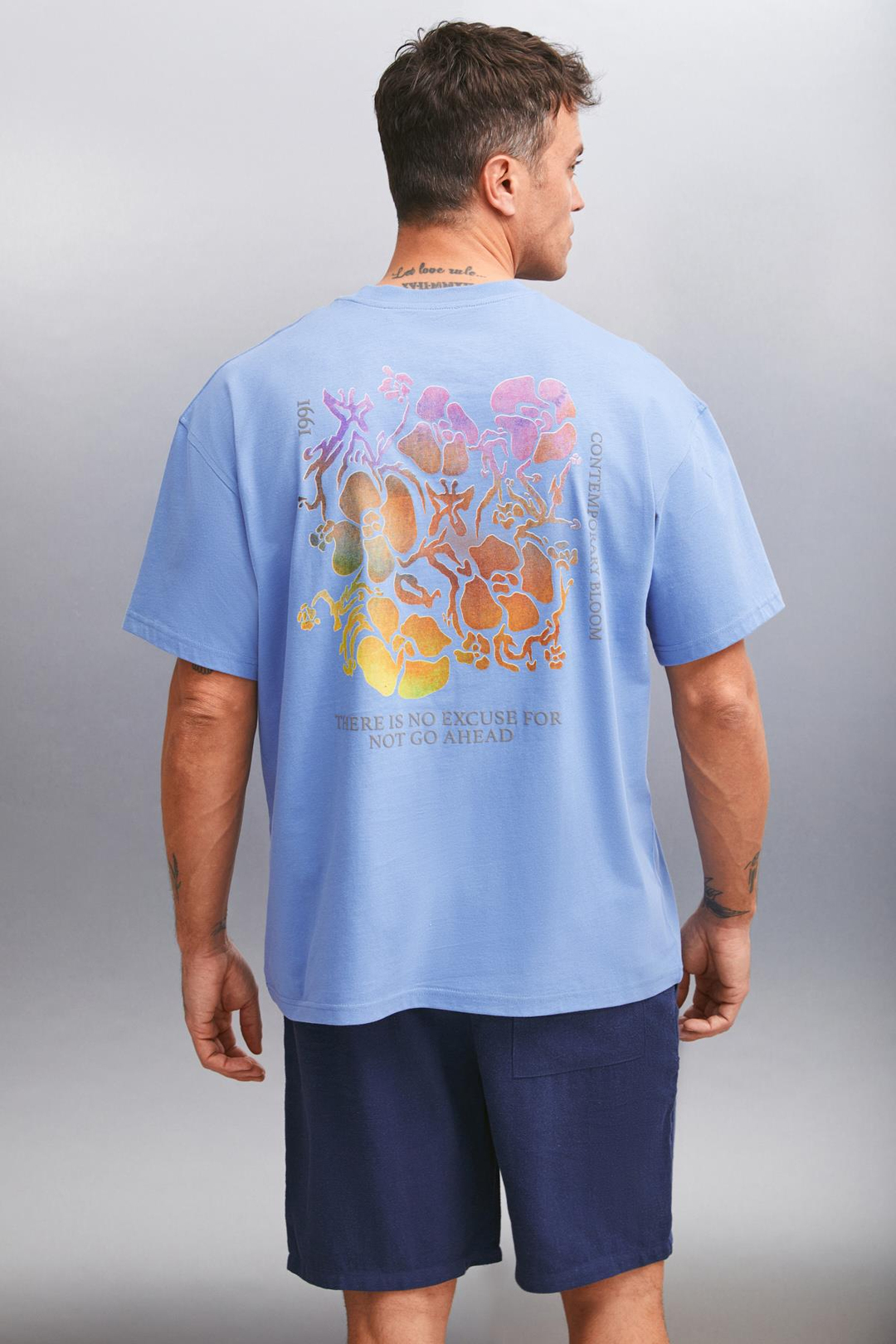 PHILLIP  Oversize Mavi Tekli T-Shirt