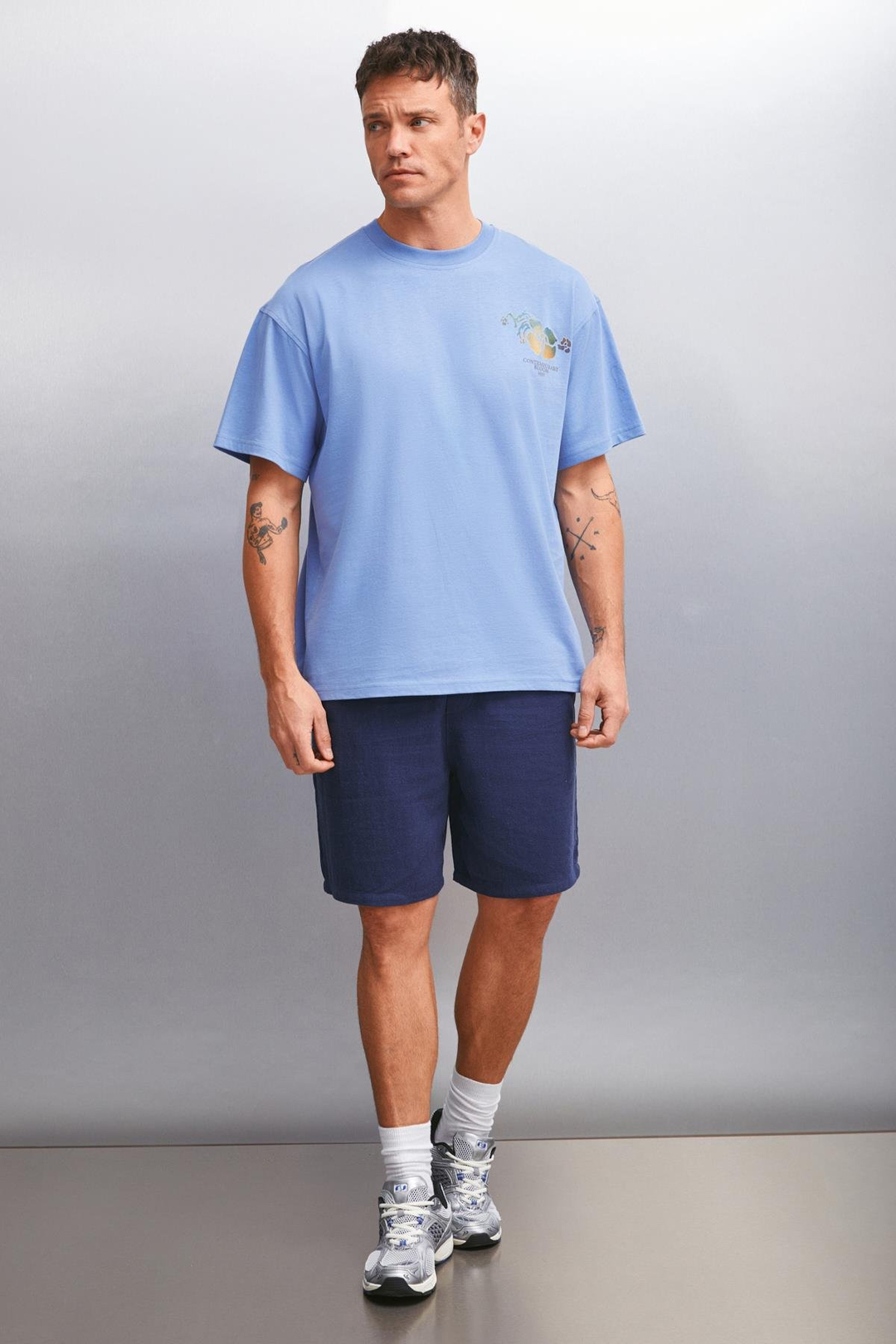 PHILLIP  Oversize Mavi Tekli T-Shirt
