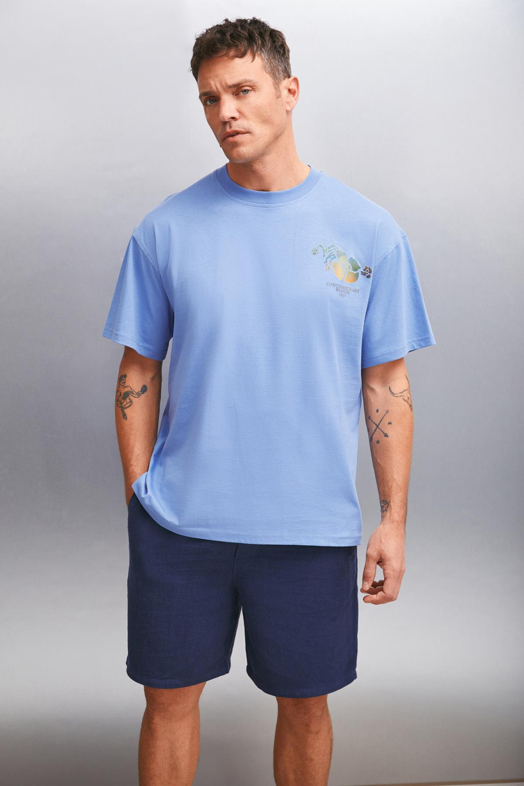 PHILLIP  Oversize Mavi Tekli T-Shirt