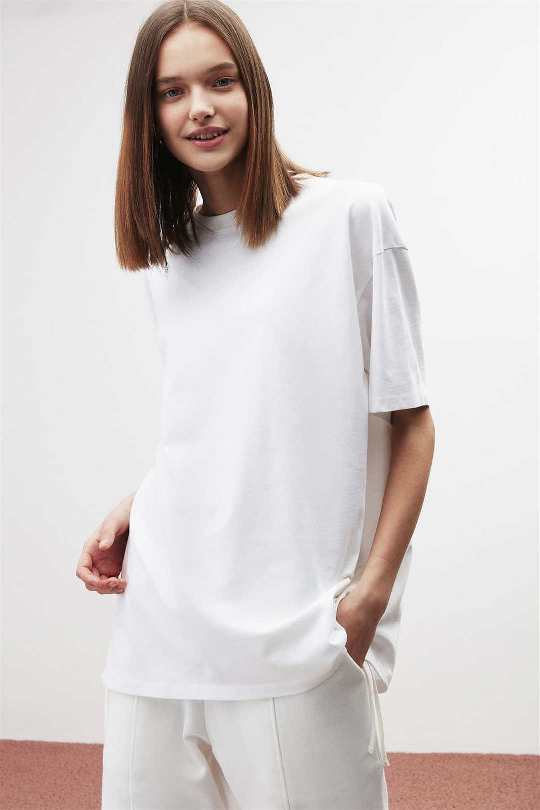 PIECE Örme Oversize Beyaz  T-Shirt