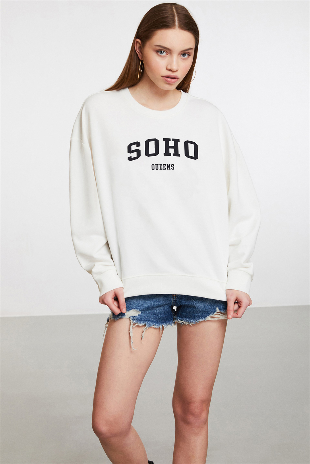 POLYNESIA Kadın Ekru Baskılı Yuvarlak Yaka Comfort Fit Sweatshirt