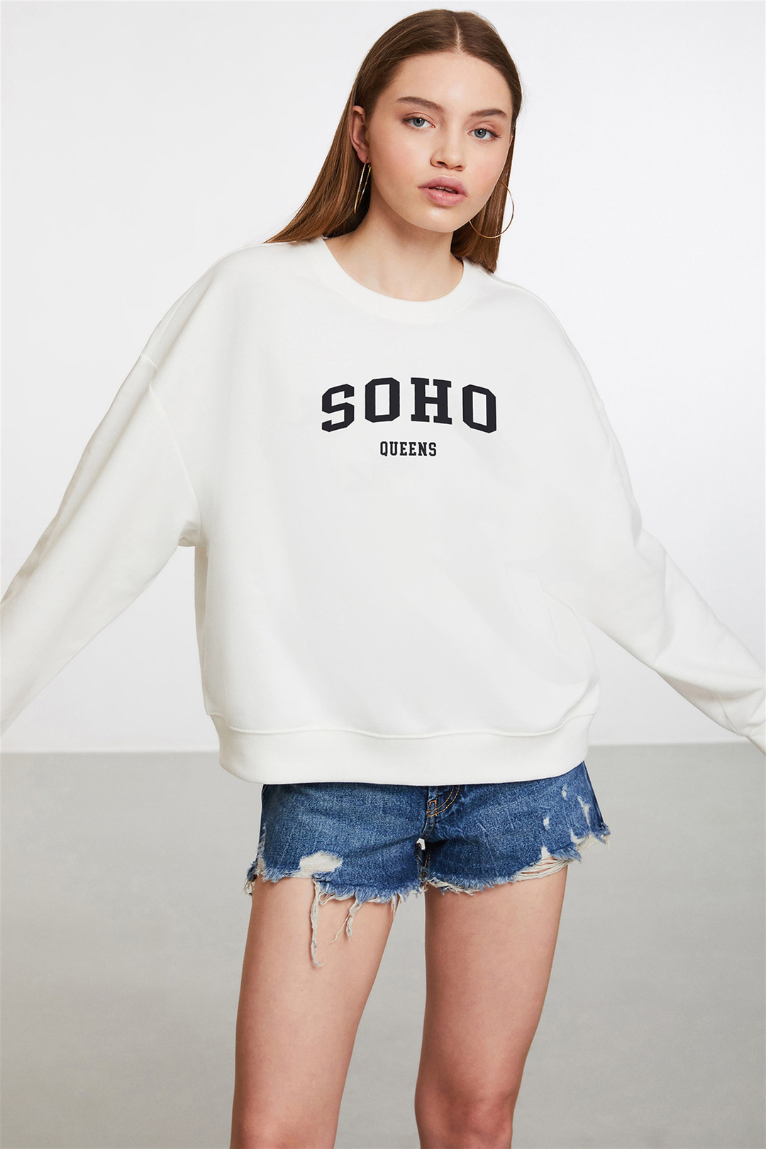 POLYNESIA Kadın Ekru Baskılı Yuvarlak Yaka Comfort Fit Sweatshirt