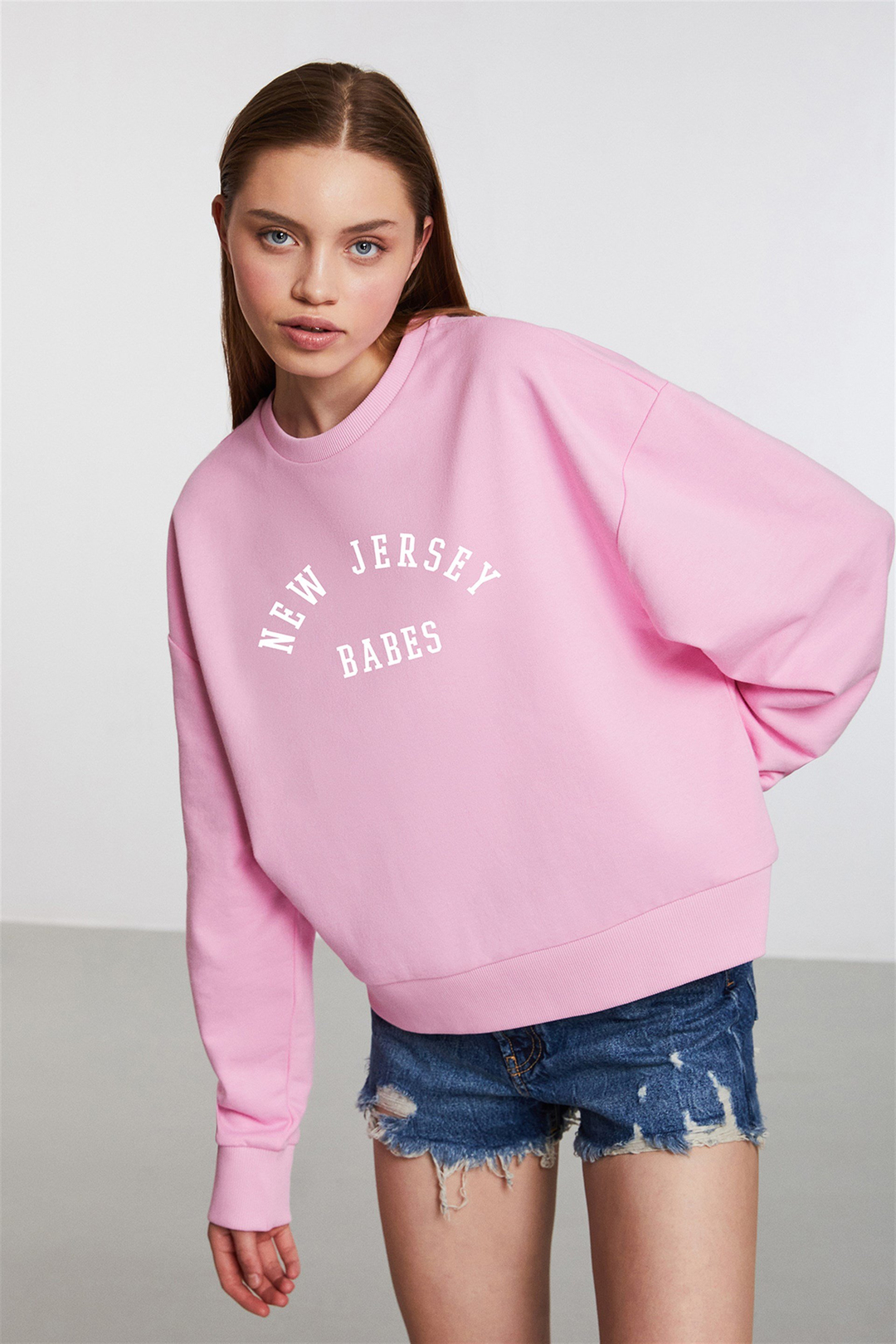 POLYNESIA Kadın Pembe Baskılı Yuvarlak Yaka Comfort Fit Sweatshirt