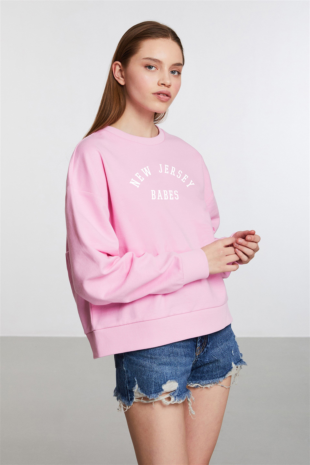 POLYNESIA Kadın Pembe Baskılı Yuvarlak Yaka Comfort Fit Sweatshirt