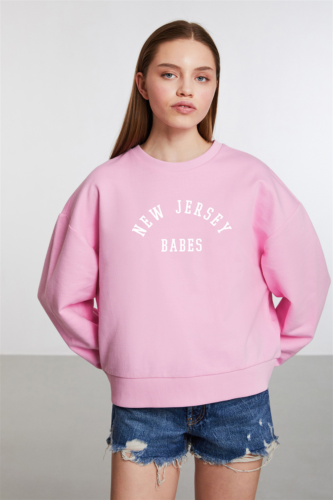 POLYNESIA Kadın Pembe Baskılı Yuvarlak Yaka Comfort Fit Sweatshirt