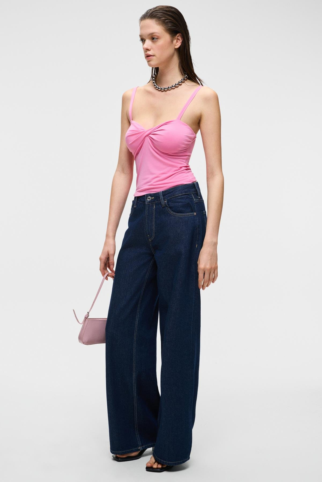 PRIENSE Kadın Slim Kısa Kolsuz Askılı Yaka Pembe Bluz