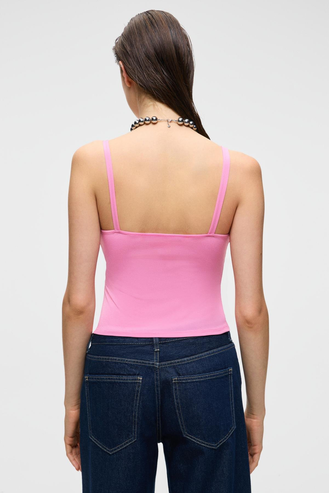 PRIENSE Kadın Slim Kısa Kolsuz Askılı Yaka Pembe Bluz