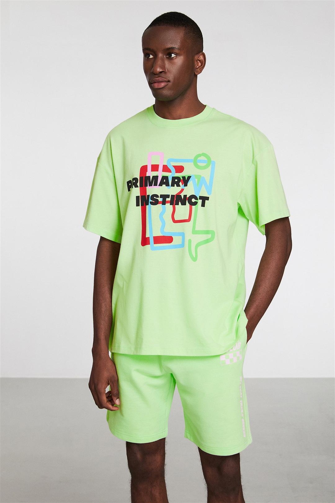 PRIMARY Erkek Yeşil Baskılı Yuvarlak Yaka Oversize T-Shirt