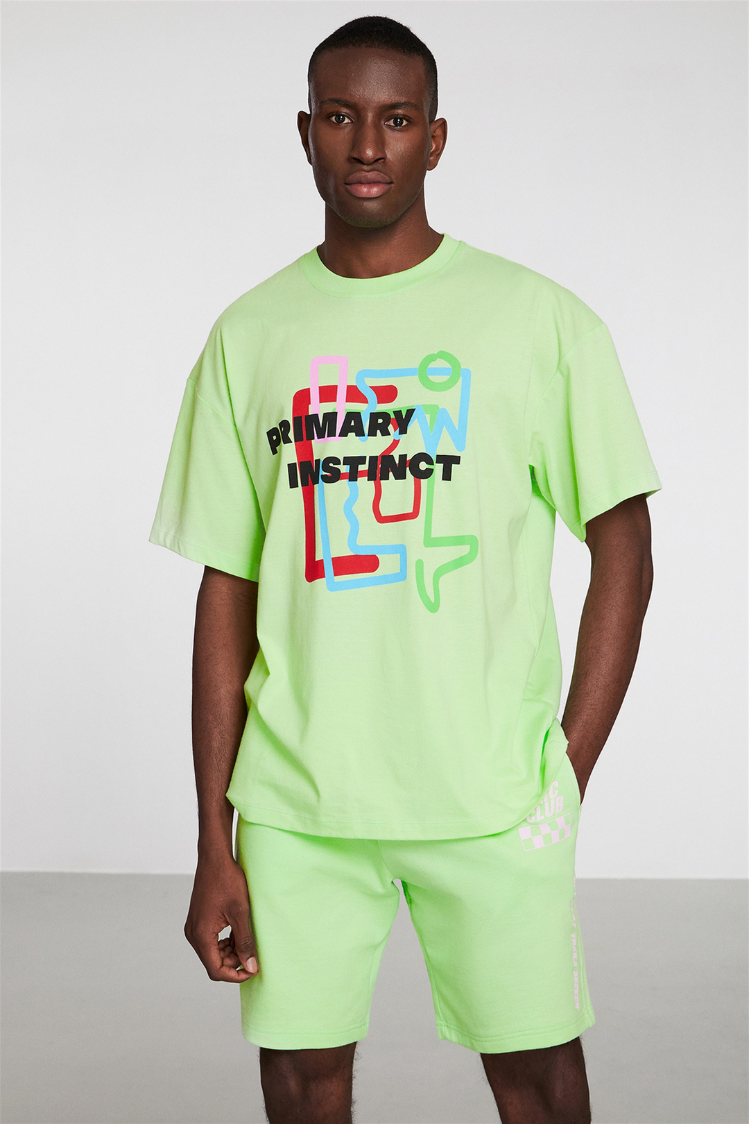 PRIMARY Erkek Yeşil Baskılı Yuvarlak Yaka Oversize T-Shirt