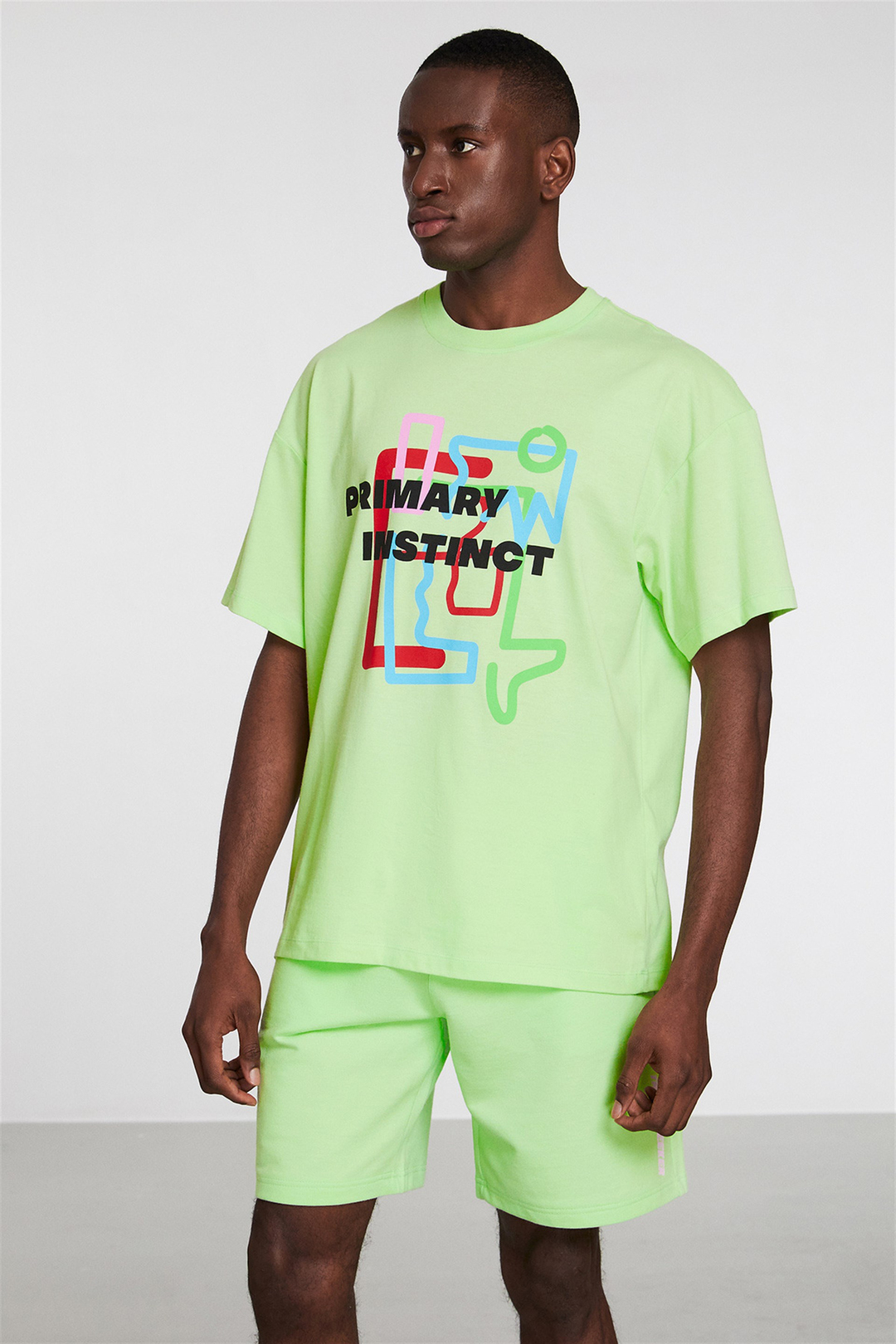 PRIMARY Erkek Yeşil Baskılı Yuvarlak Yaka Oversize T-Shirt