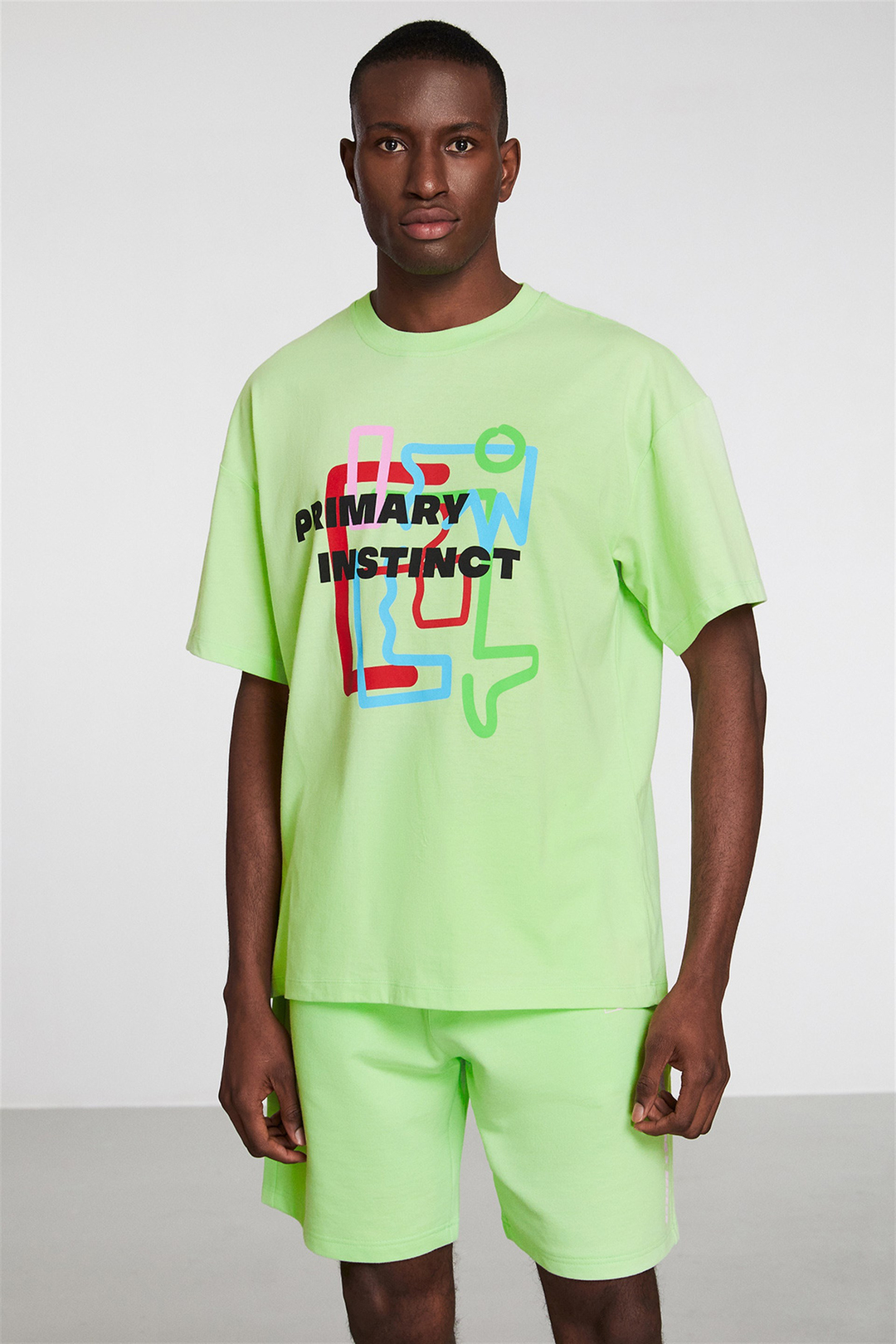 PRIMARY Erkek Yeşil Baskılı Yuvarlak Yaka Oversize T-Shirt
