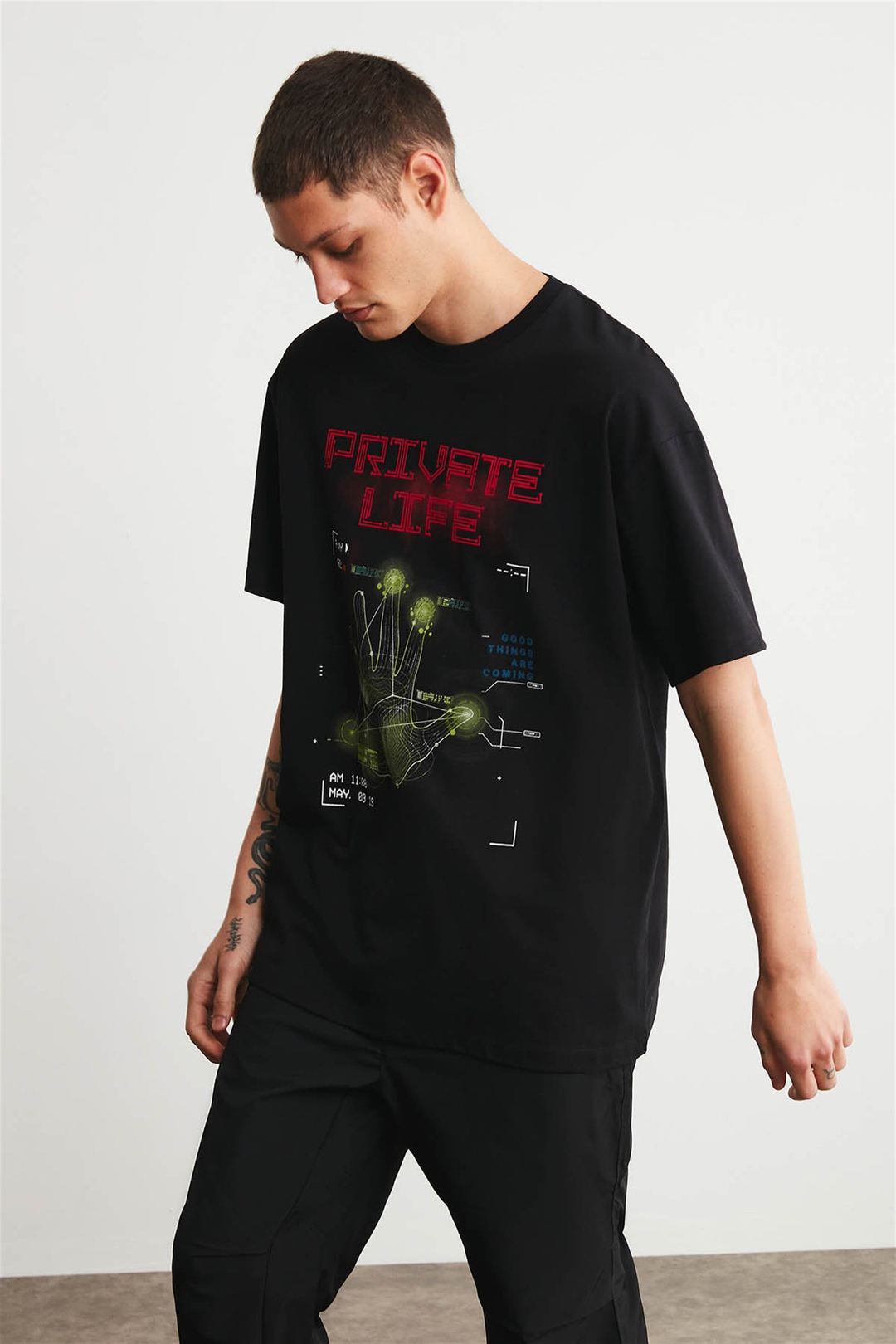 PRIVATE Erkek Siyah Baskılı Yuvarlak Yaka Oversize T-Shirt