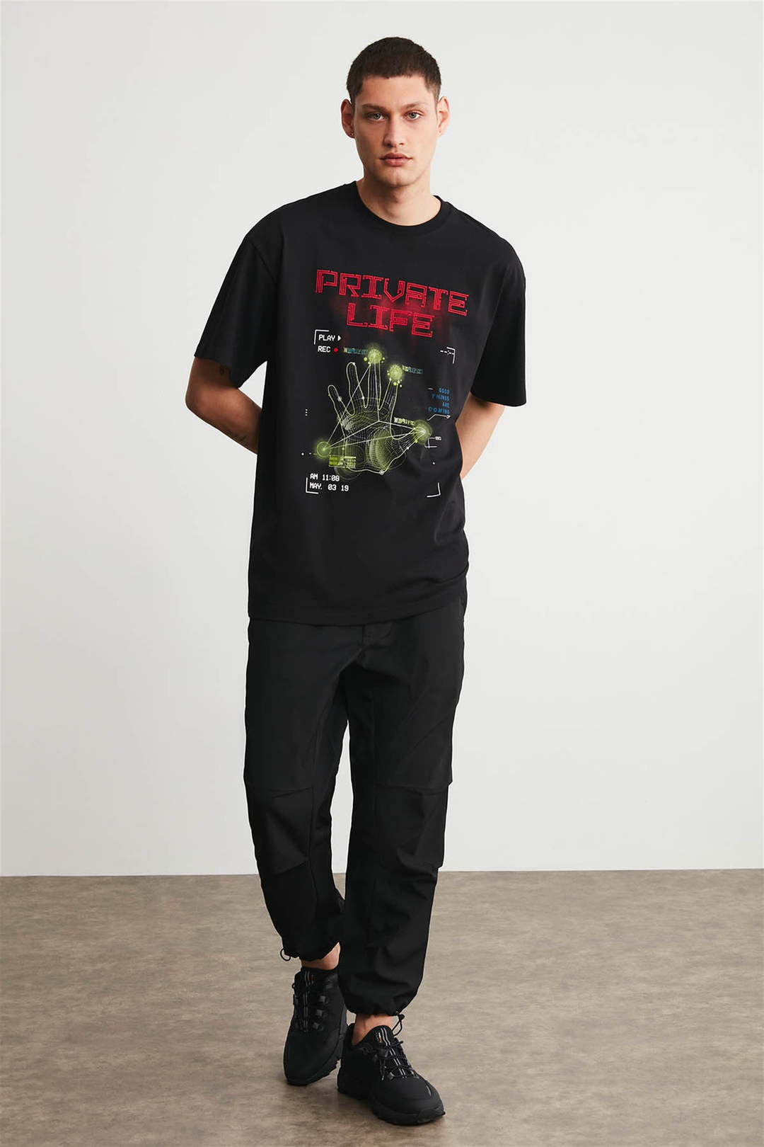 PRIVATE Erkek Siyah Baskılı Yuvarlak Yaka Oversize T-Shirt