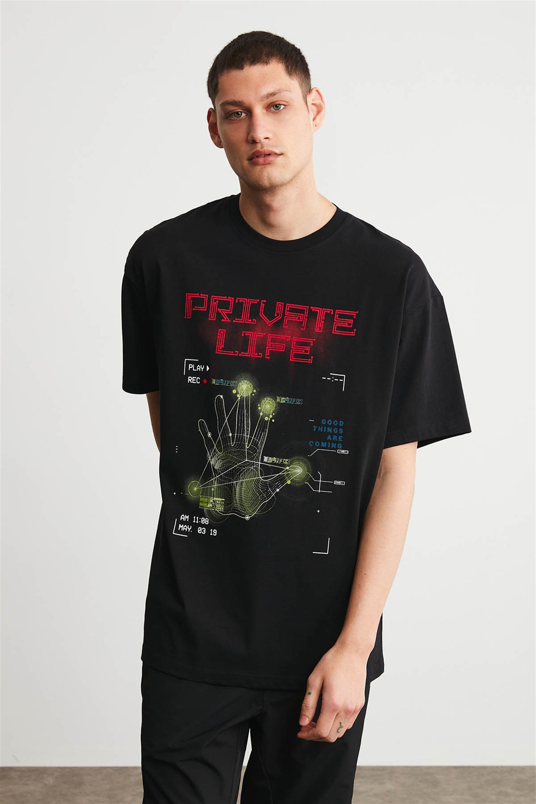 PRIVATE Erkek Siyah Baskılı Yuvarlak Yaka Oversize T-Shirt