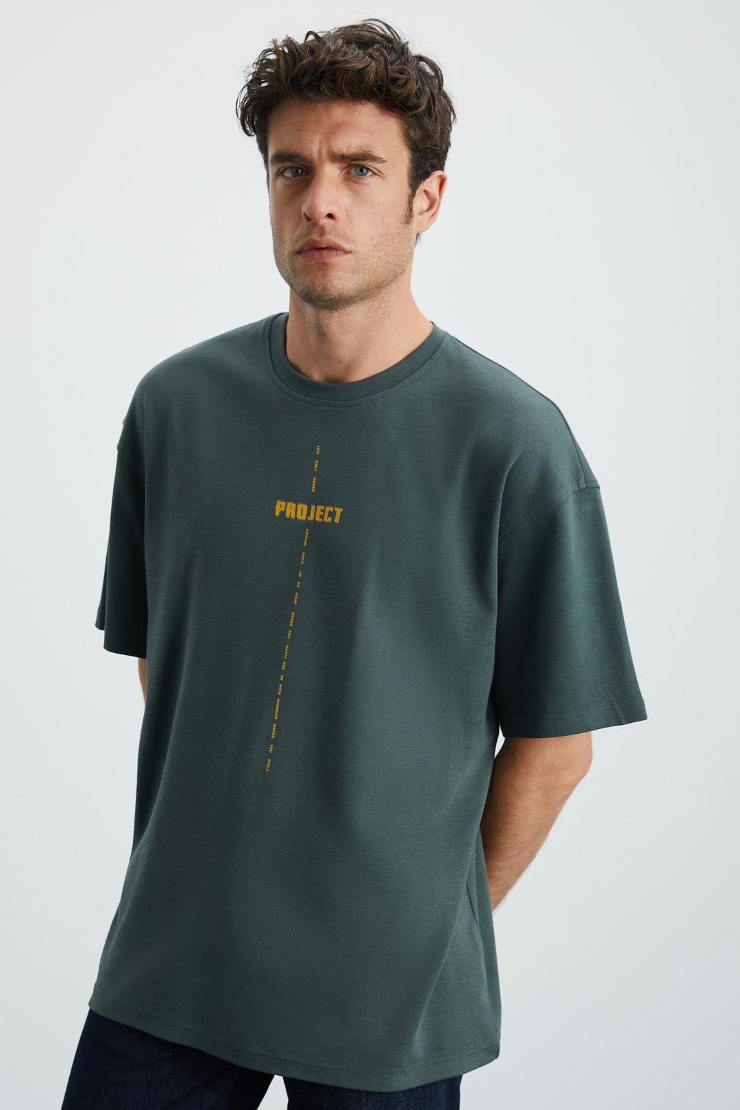 PROJECT Erkek Baskı Detaylı Oversize Fit %100 Organik Pamuk Örme Bisiklet Yaka Örme Yeşil T-Shirt
