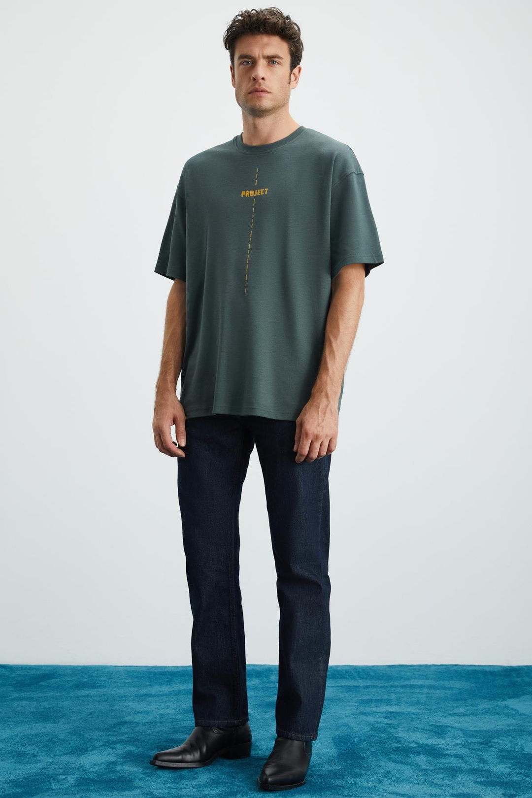 PROJECT Erkek Baskı Detaylı Oversize Fit %100 Organik Pamuk Örme Bisiklet Yaka Örme Yeşil T-Shirt