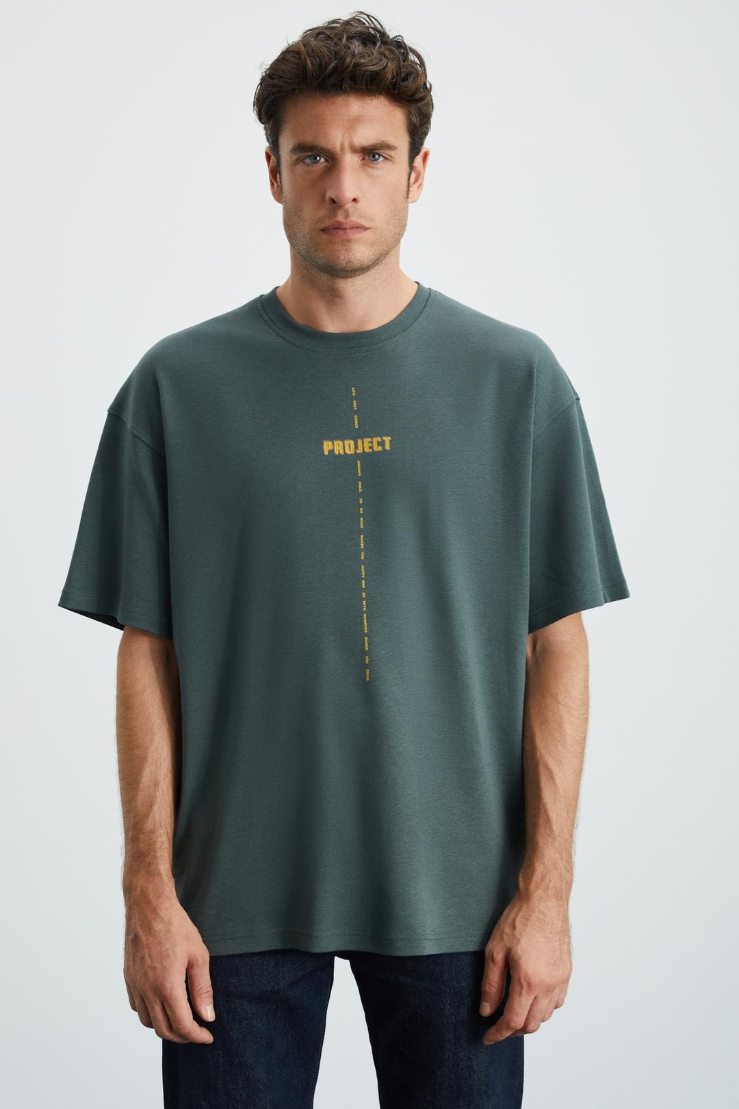 PROJECT Erkek Baskı Detaylı Oversize Fit %100 Organik Pamuk Örme Bisiklet Yaka Örme Yeşil T-Shirt