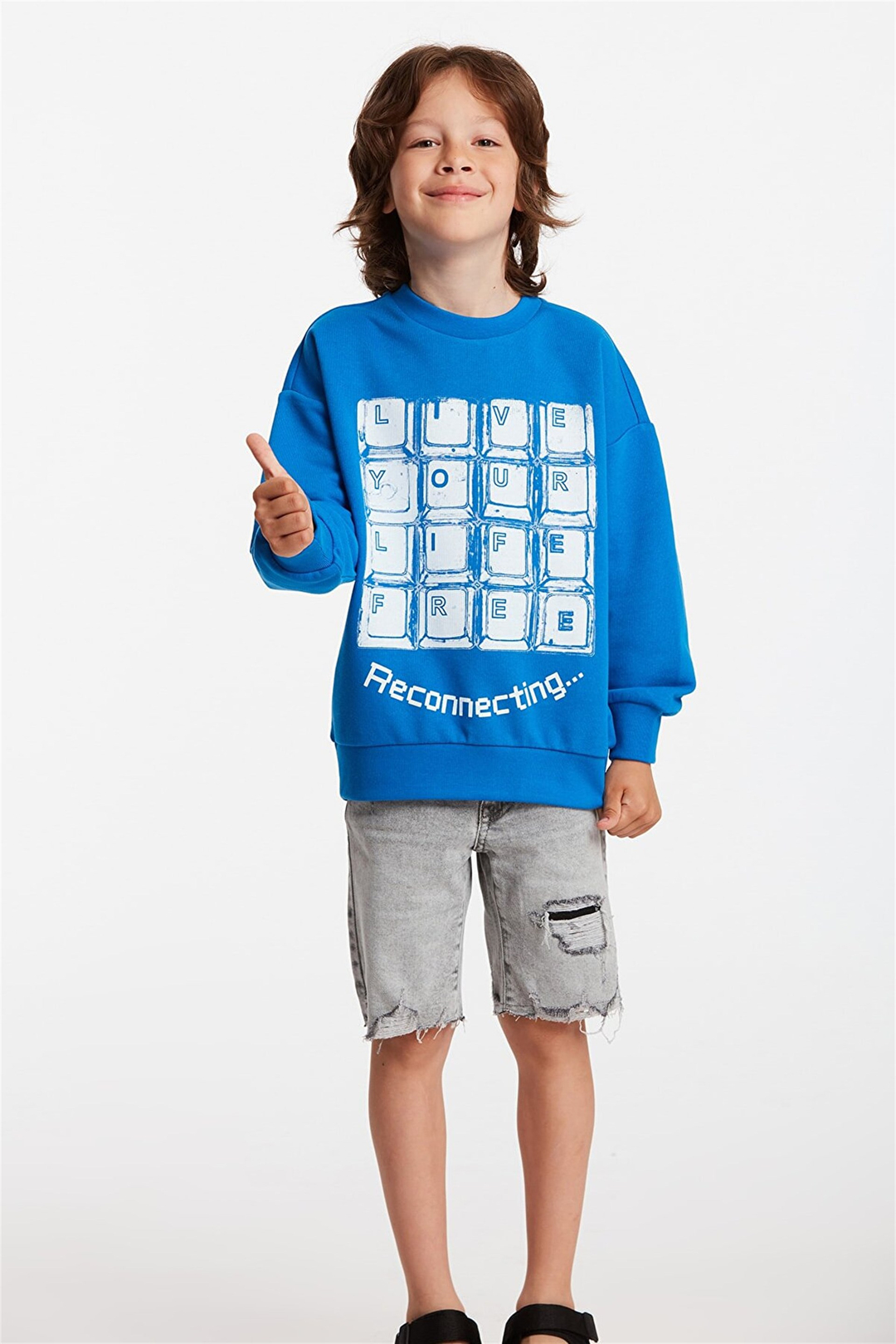 PUZZLE Çocuk Saks Mavi Baskılı Yuvarlak Yaka Relaxed Fit Sweatshirt