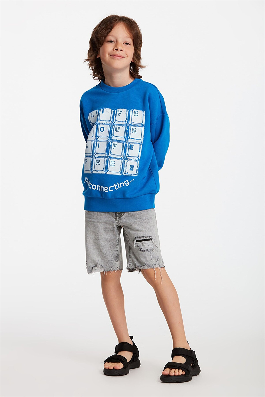 PUZZLE Çocuk Saks Mavi Baskılı Yuvarlak Yaka Relaxed Fit Sweatshirt