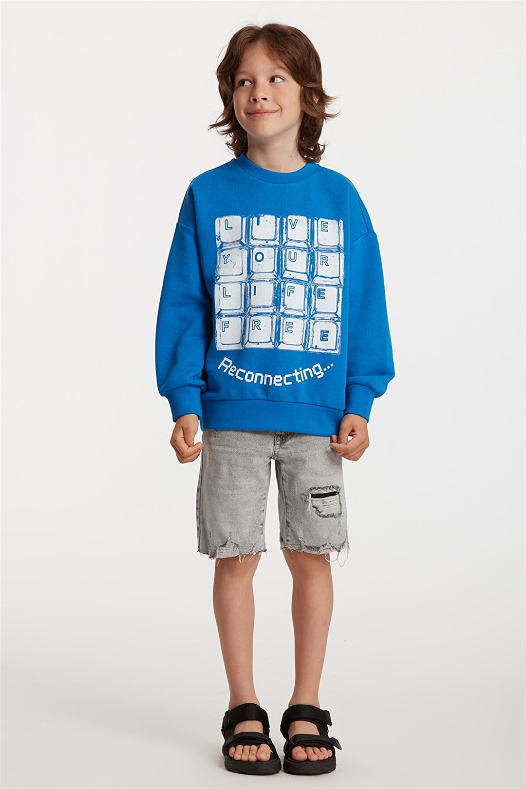 PUZZLE Çocuk Saks Mavi Baskılı Yuvarlak Yaka Relaxed Fit Sweatshirt