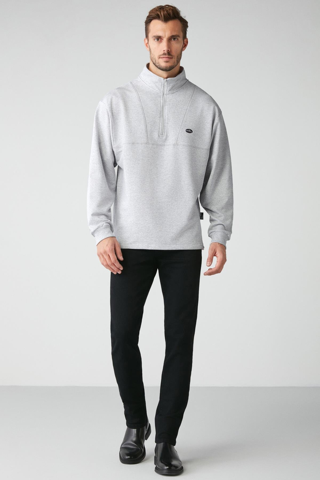RADIANT Erkek %100 Organik Pamuk Nakış Detaylı Yarım Fermuarlı Dik Yakalı Grimelanj Sweatshirt