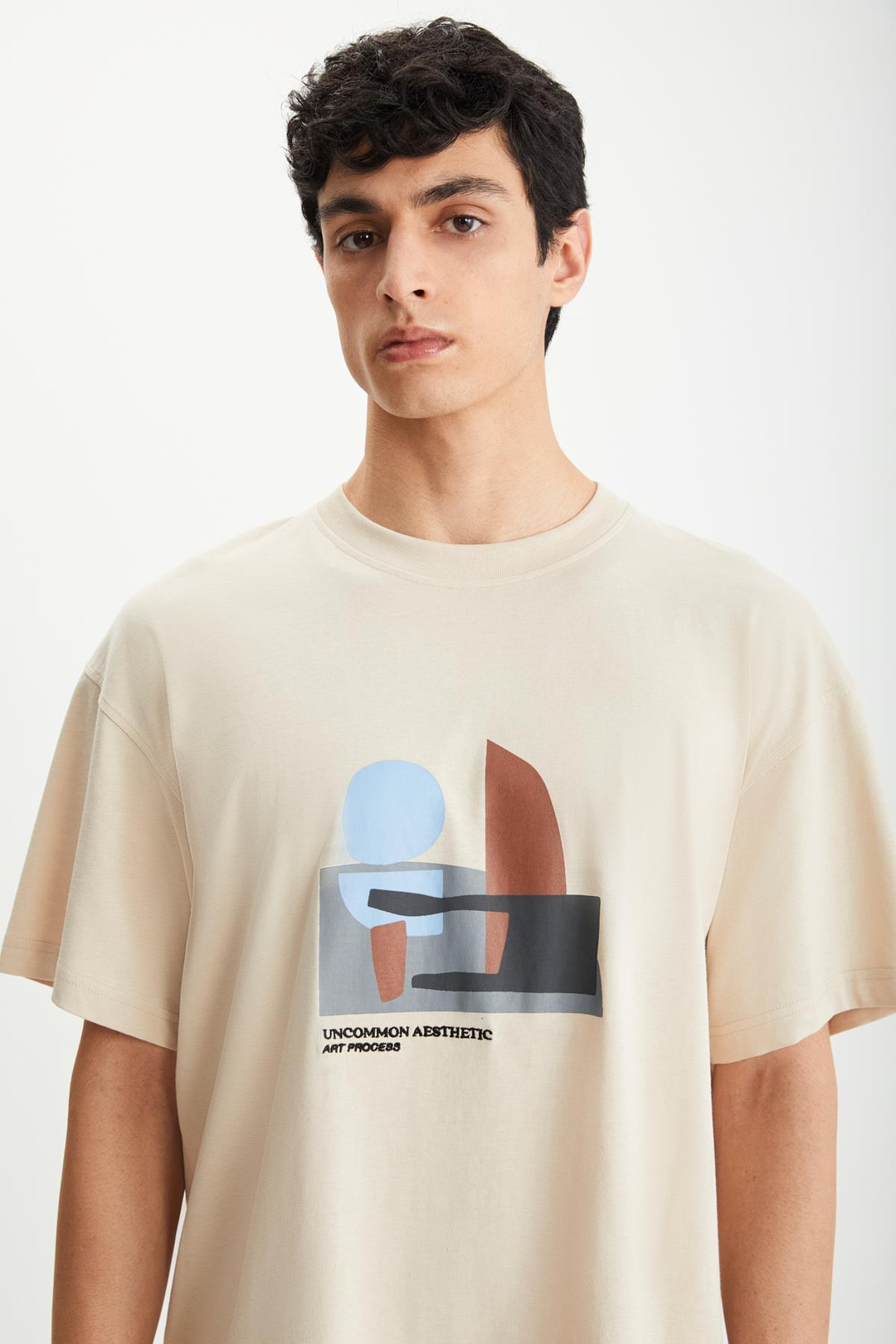 RAMADANP007 Erkek %100Pamuk Bisiklet Yaka Baskılı Bej T-Shirt