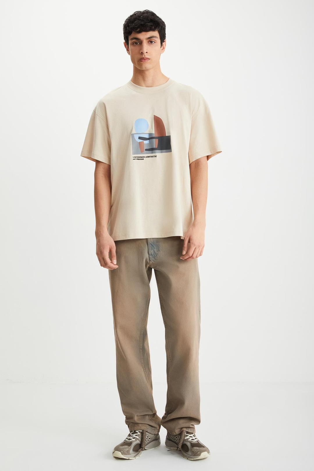 RAMADANP007 Erkek %100Pamuk Bisiklet Yaka Baskılı Bej T-Shirt