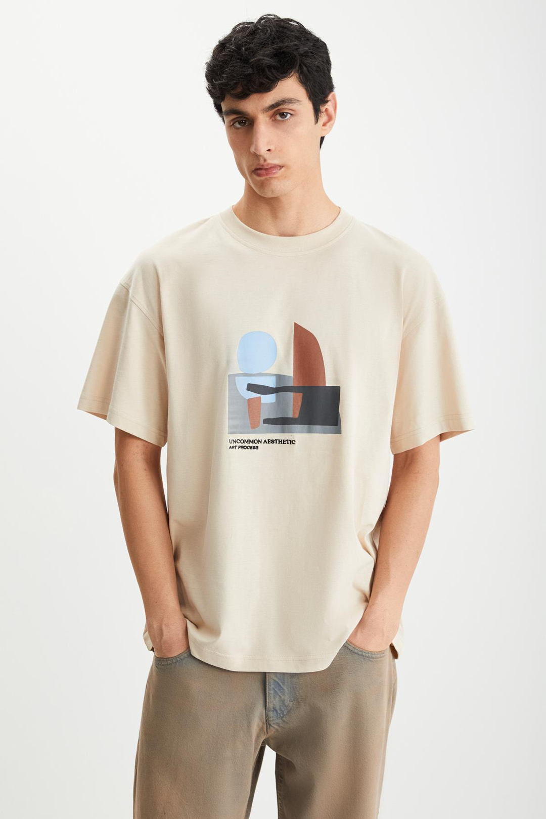 RAMADANP007 Erkek %100Pamuk Bisiklet Yaka Baskılı Bej T-Shirt