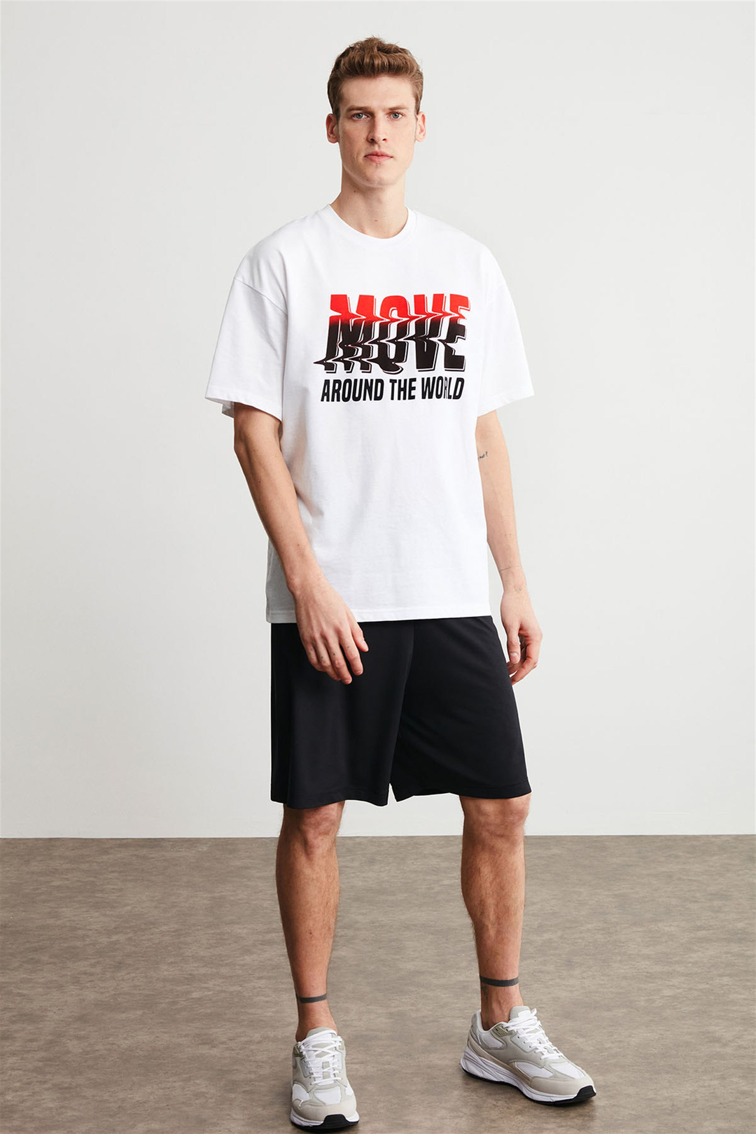 RAUL Erkek Beyaz Baskılı Yuvarlak Yaka Oversize T-Shirt