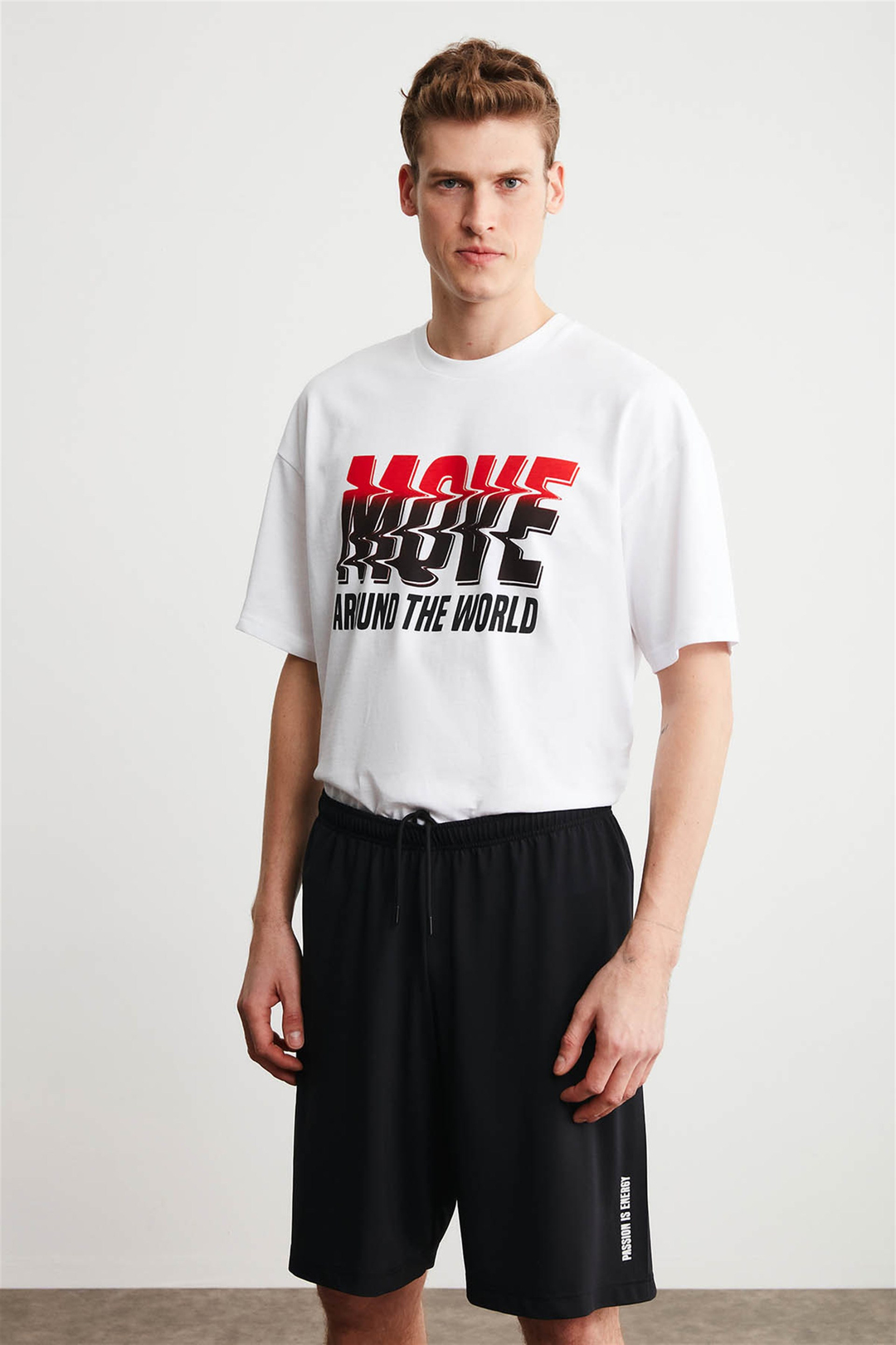RAUL Erkek Beyaz Baskılı Yuvarlak Yaka Oversize T-Shirt
