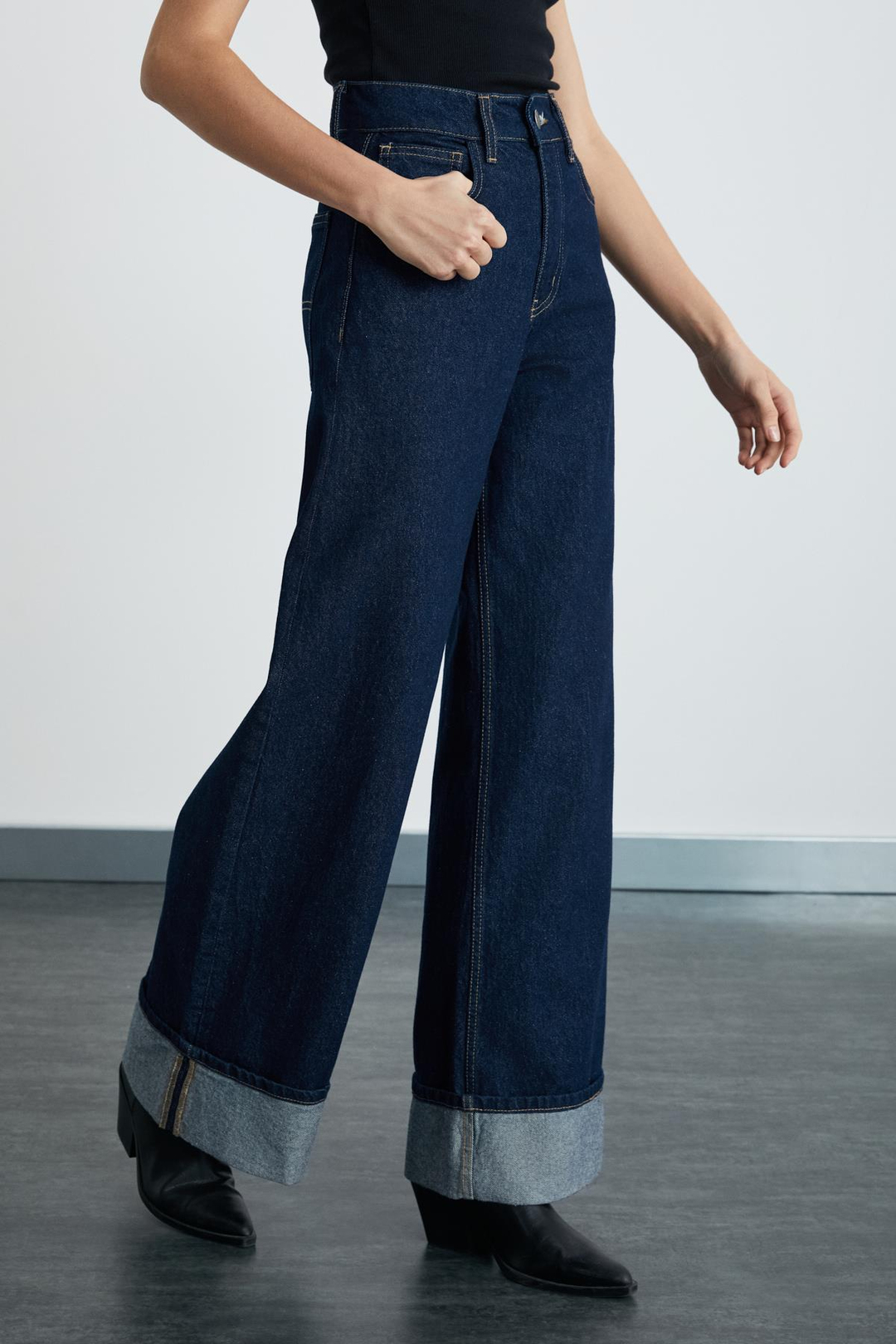 REINE Kadın Regular Fit Yüksek Bel Katlamalı Paça Detaylı Premium %100 Pamuk kot Mavi Jeans