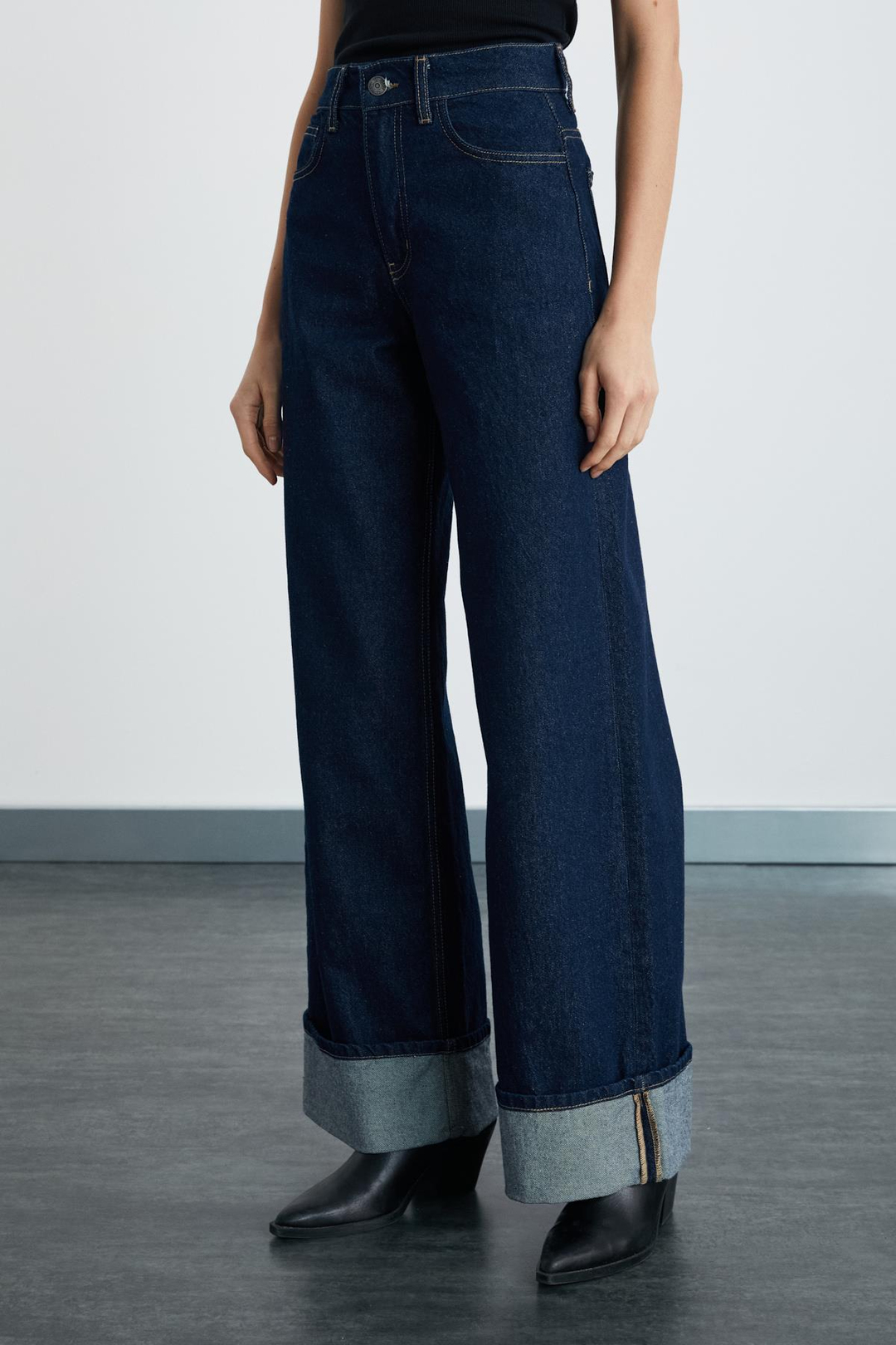 REINE Kadın Regular Fit Yüksek Bel Katlamalı Paça Detaylı Premium %100 Pamuk kot Mavi Jeans