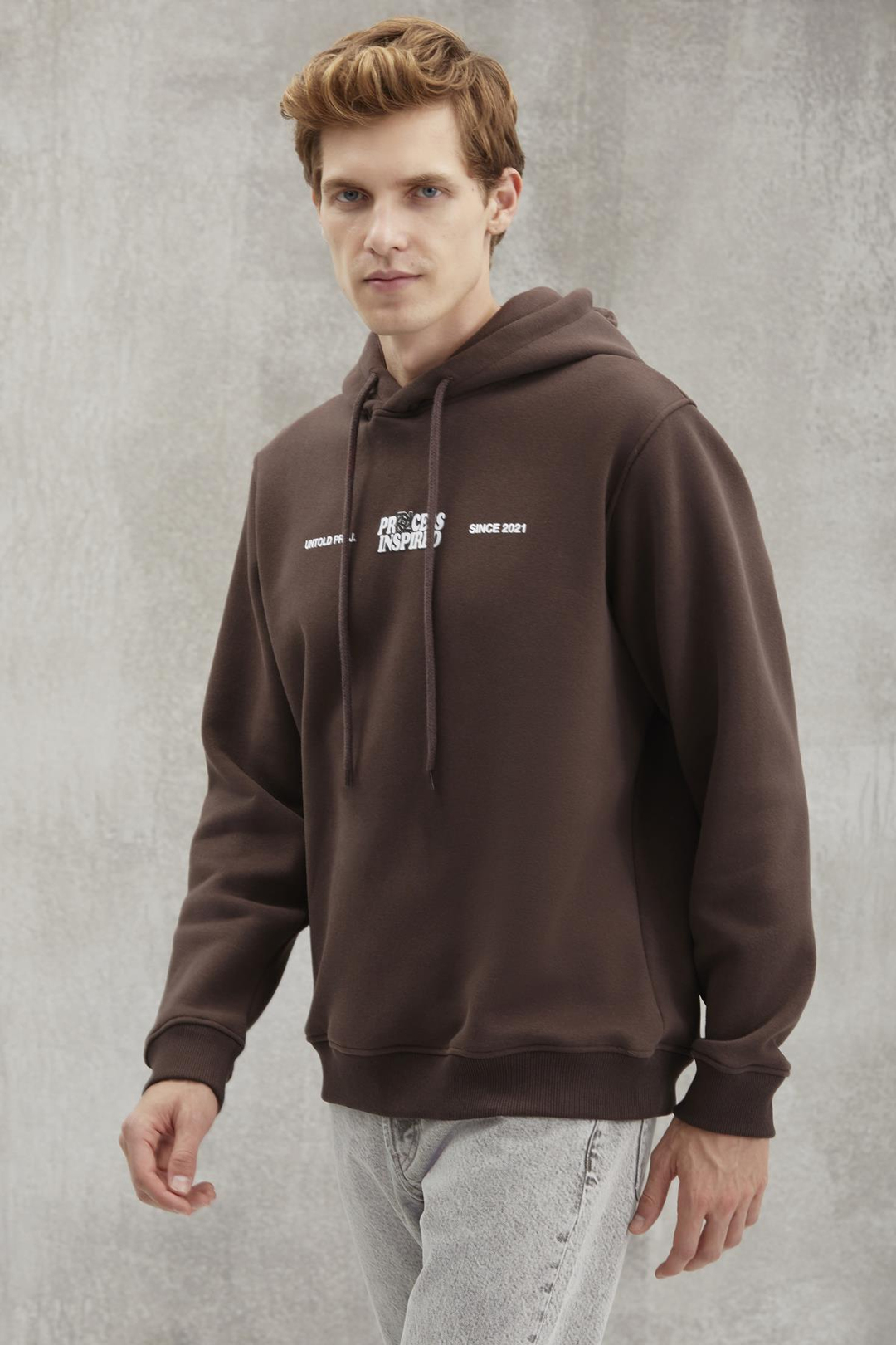REINHOLD Erkek Kapüşonlu İçi Polarlı Baskılı Acı Kahve Sweatshirt