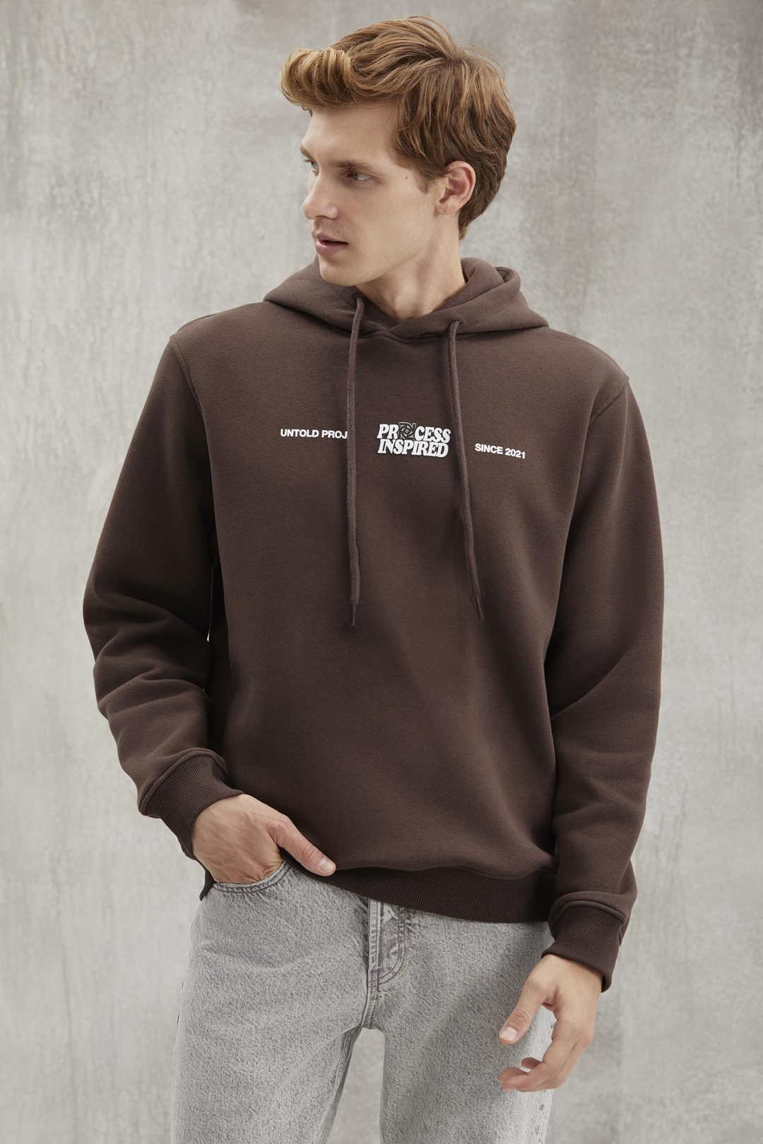 REINHOLD Erkek Kapüşonlu İçi Polarlı Baskılı Acı Kahve Sweatshirt