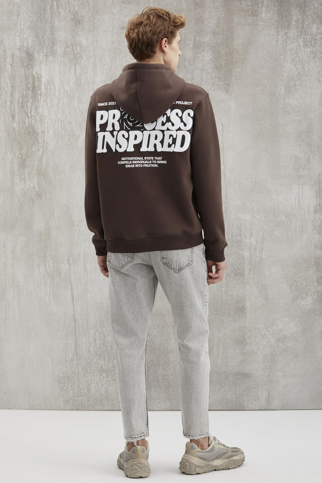 REINHOLD Erkek Kapüşonlu İçi Polarlı Baskılı Acı Kahve Sweatshirt