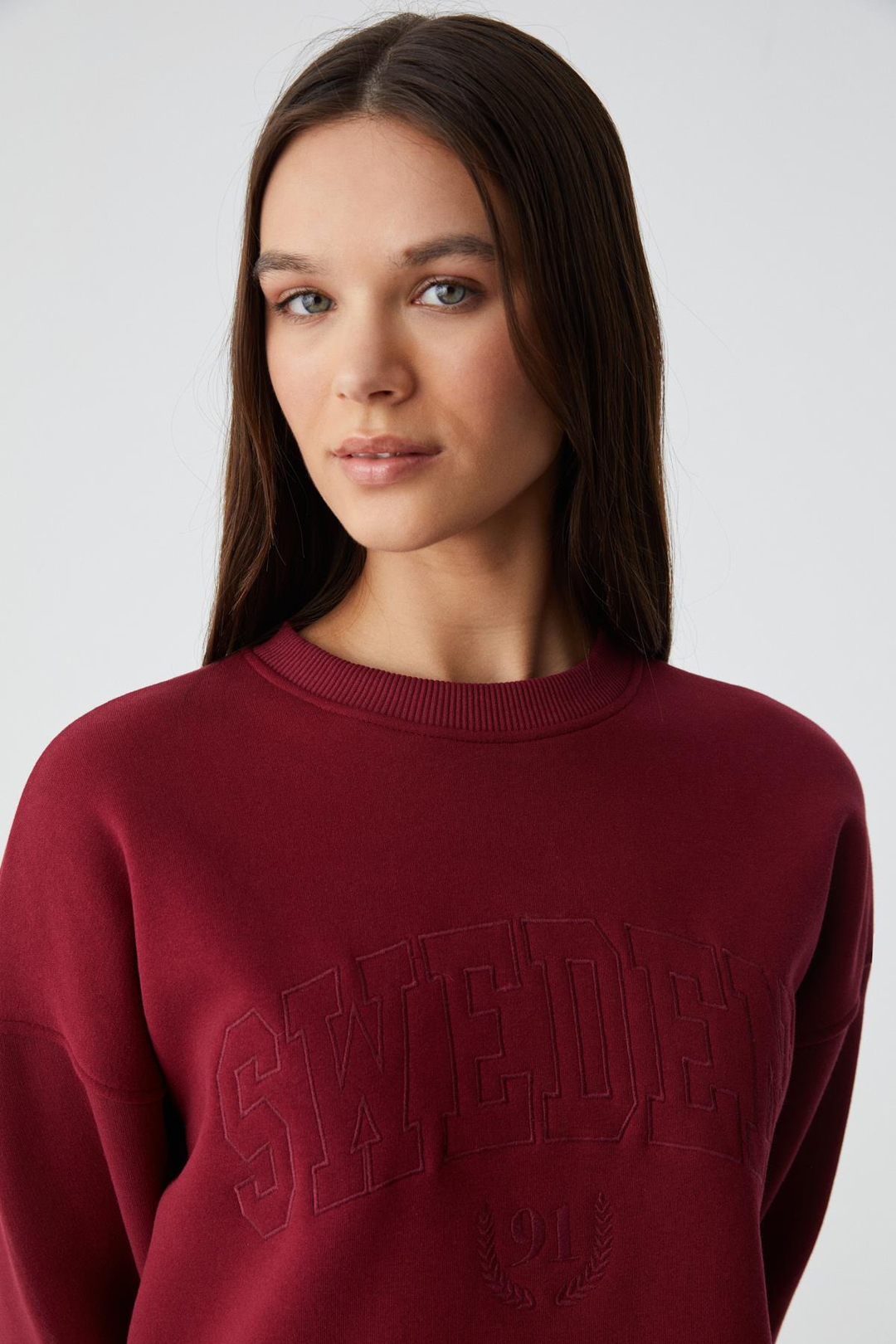 RICENNI Kadın Bisiklet Yaka Oversize Bordo Sweatshirt