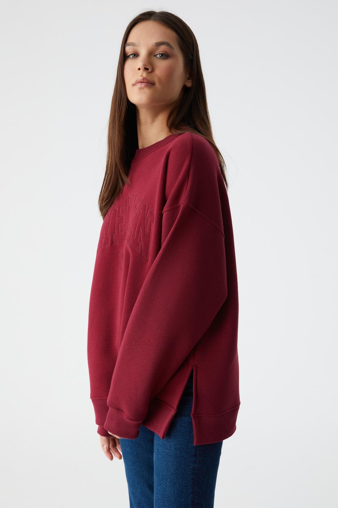 RICENNI Kadın Bisiklet Yaka Oversize Bordo Sweatshirt