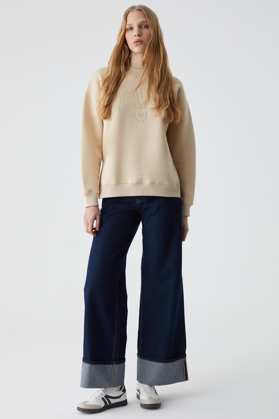 RICENNI Kadın Bisiklet Yaka Oversize Taş Rengi Sweatshirt