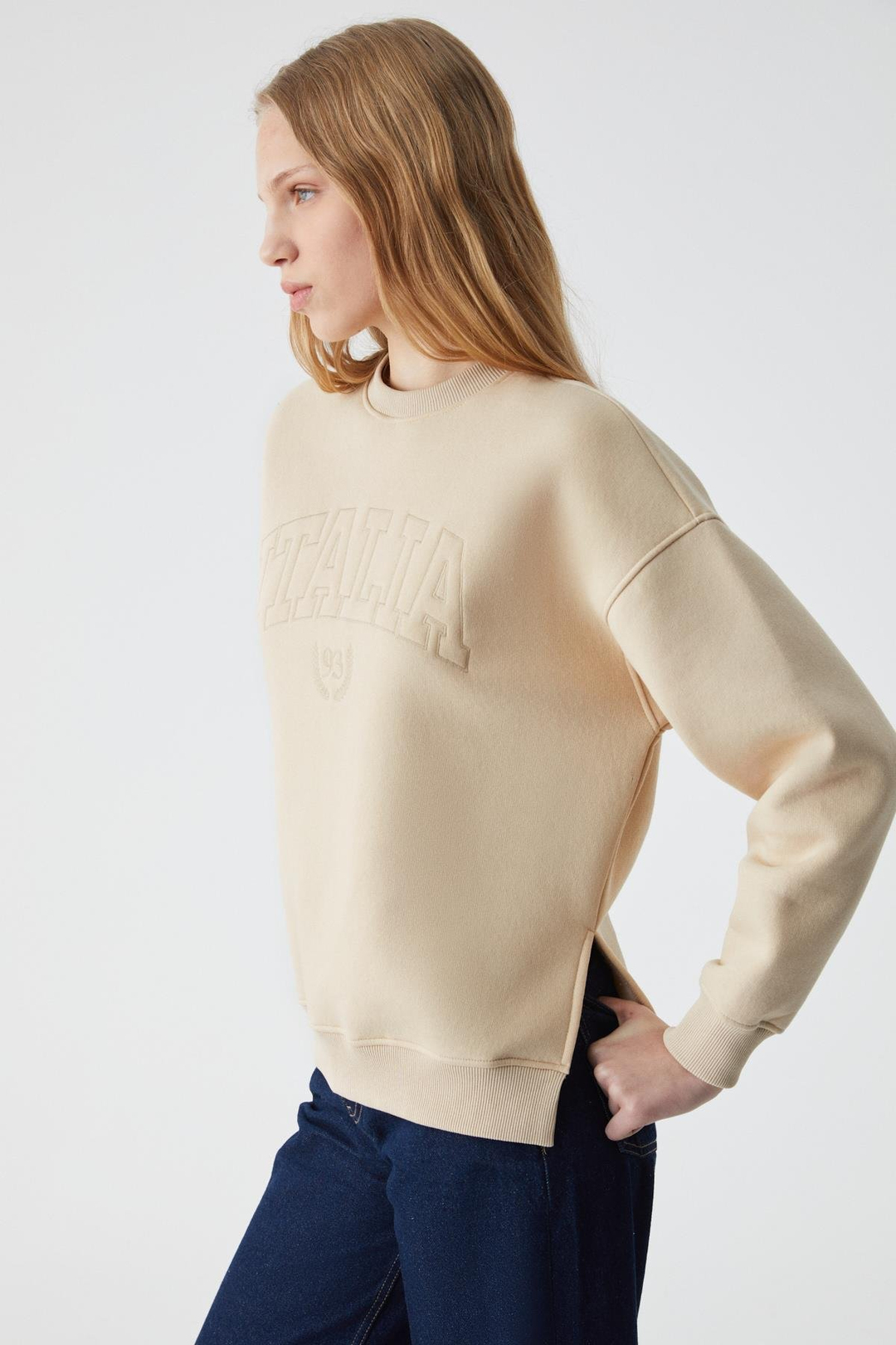 RICENNI Kadın Bisiklet Yaka Oversize Taş Rengi Sweatshirt