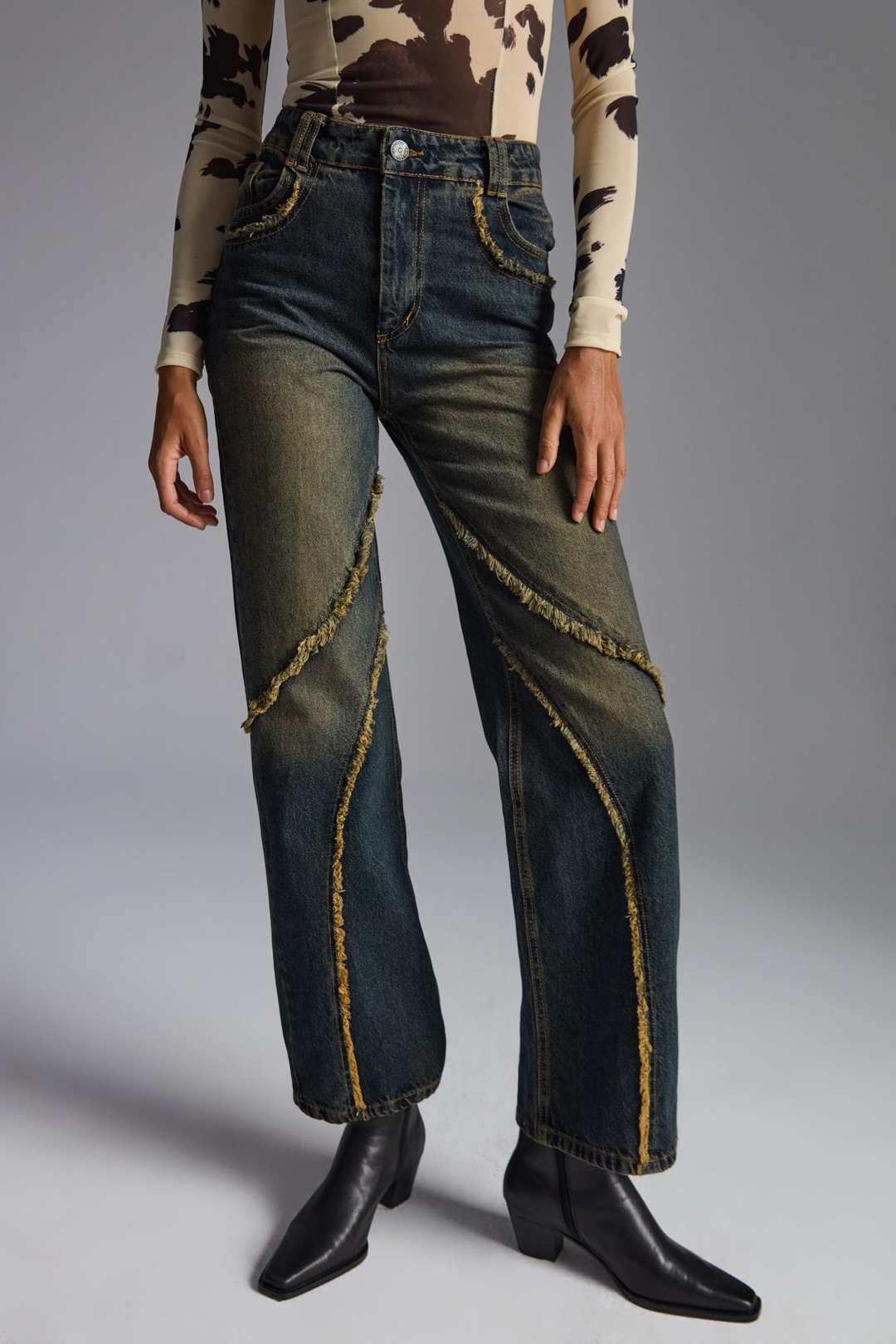 RODEO Kadın Denim Püsküllü Kovboy Stili Straight Fit %100 pamuk kot Antrasit Jeans