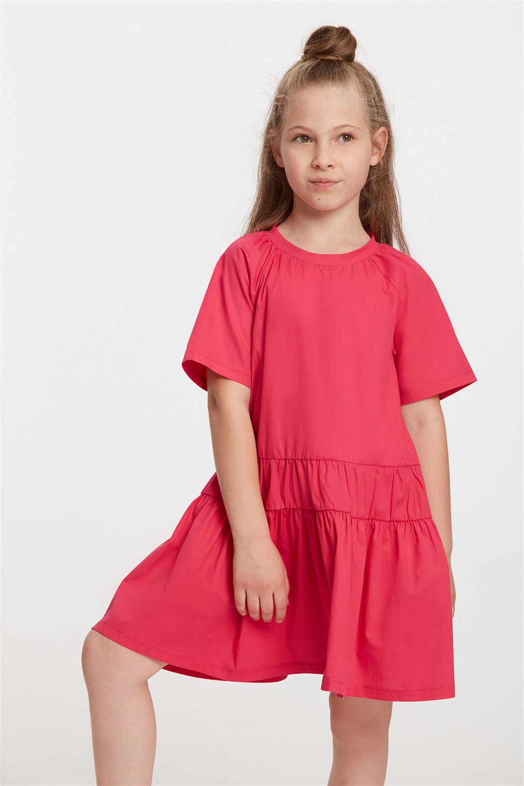 ROMY Çocuk Pembe Düz Renk Yuvarlak Yaka Comfort Fit Elbise