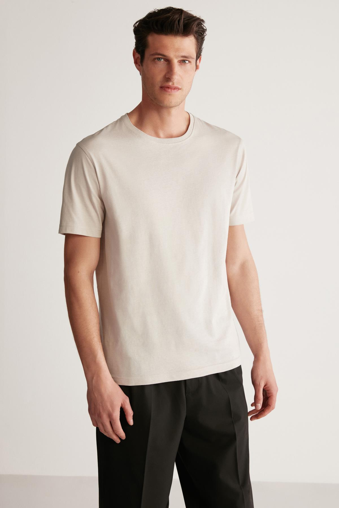 RUDY Erkek %100 Organik Pamuk Nefes Alan İç Göstermeyen Bisiklet Yaka Basic Taş Rengi T-Shirt