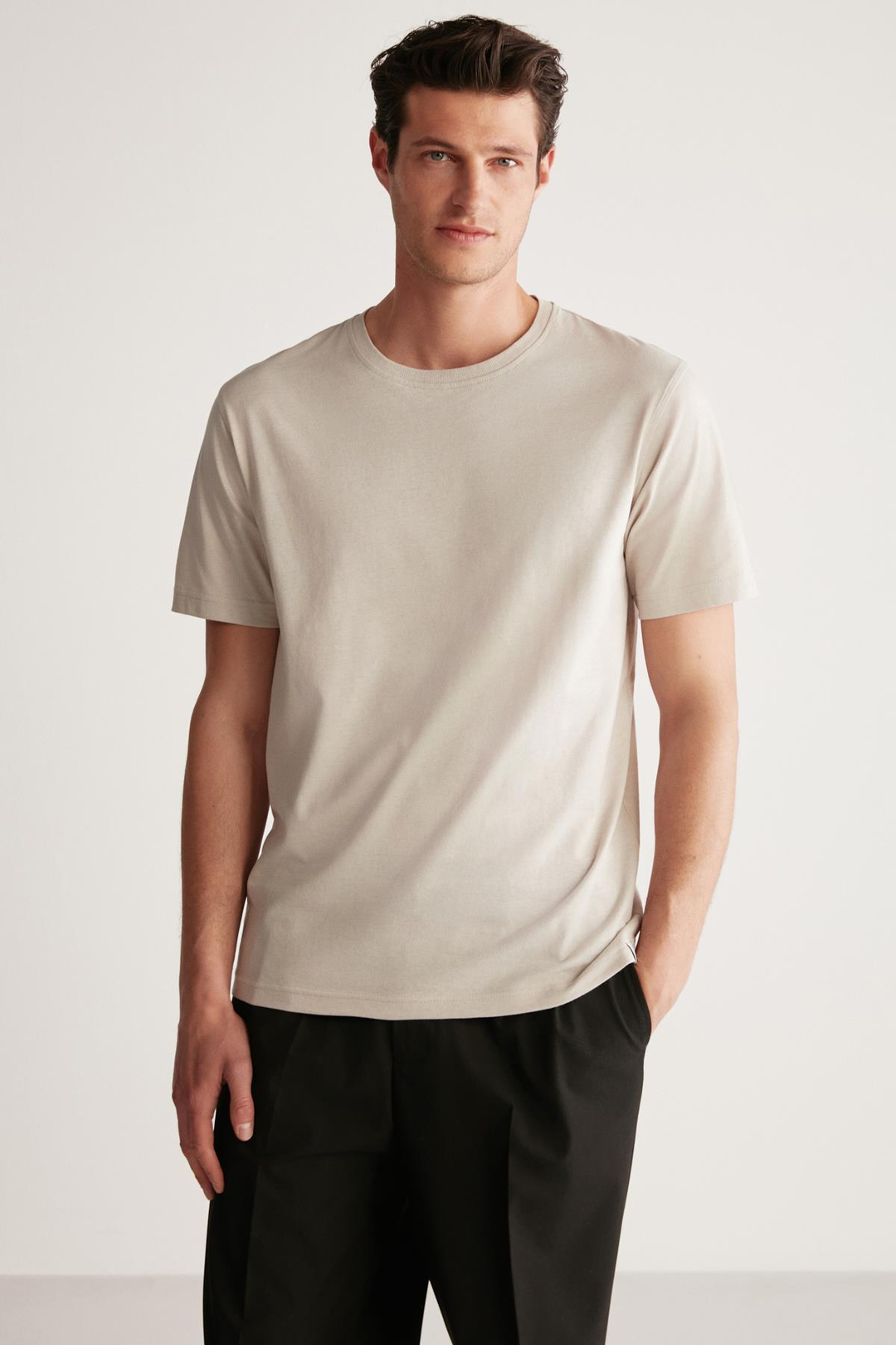 RUDY Erkek %100 Organik Pamuk Nefes Alan İç Göstermeyen Bisiklet Yaka Basic Taş Rengi T-Shirt