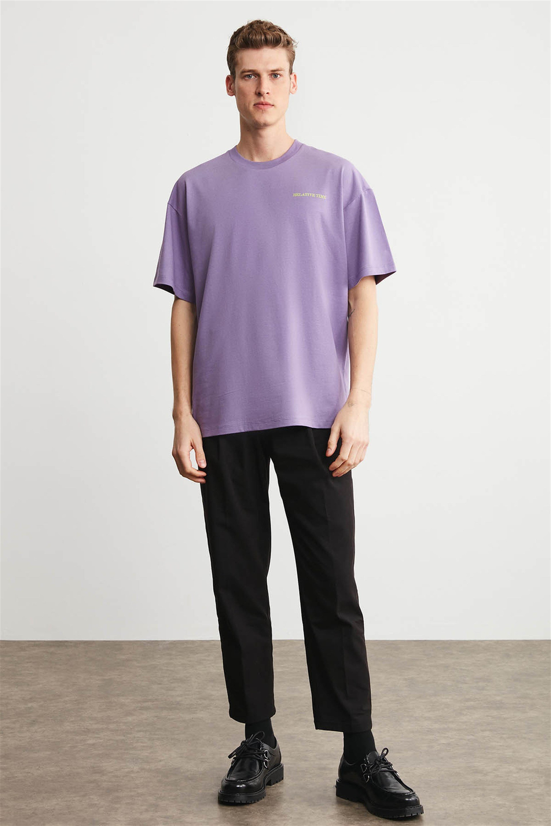 RUSH Erkek Mor Baskılı Yuvarlak Yaka Oversize T-Shirt