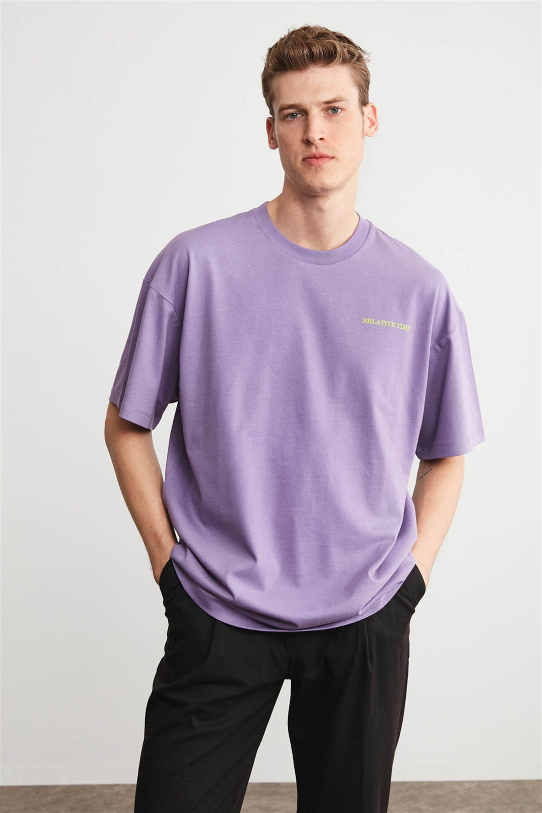 RUSH Erkek Mor Baskılı Yuvarlak Yaka Oversize T-Shirt
