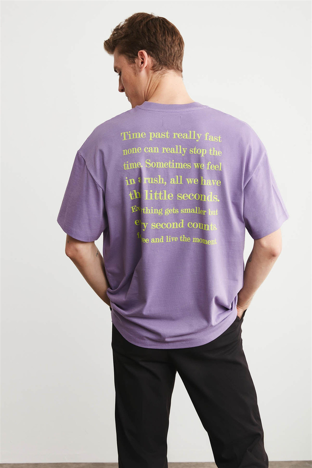 RUSH Erkek Mor Baskılı Yuvarlak Yaka Oversize T-Shirt