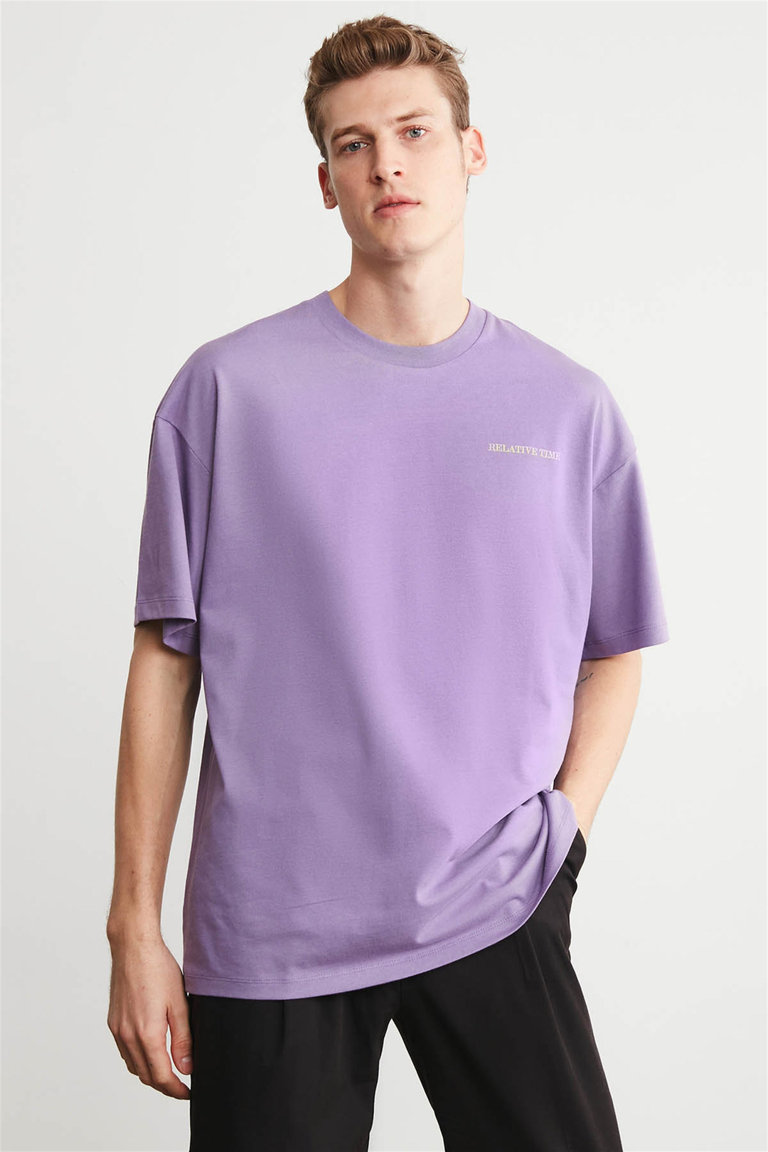 RUSH Erkek Mor Baskılı Yuvarlak Yaka Oversize T-Shirt
