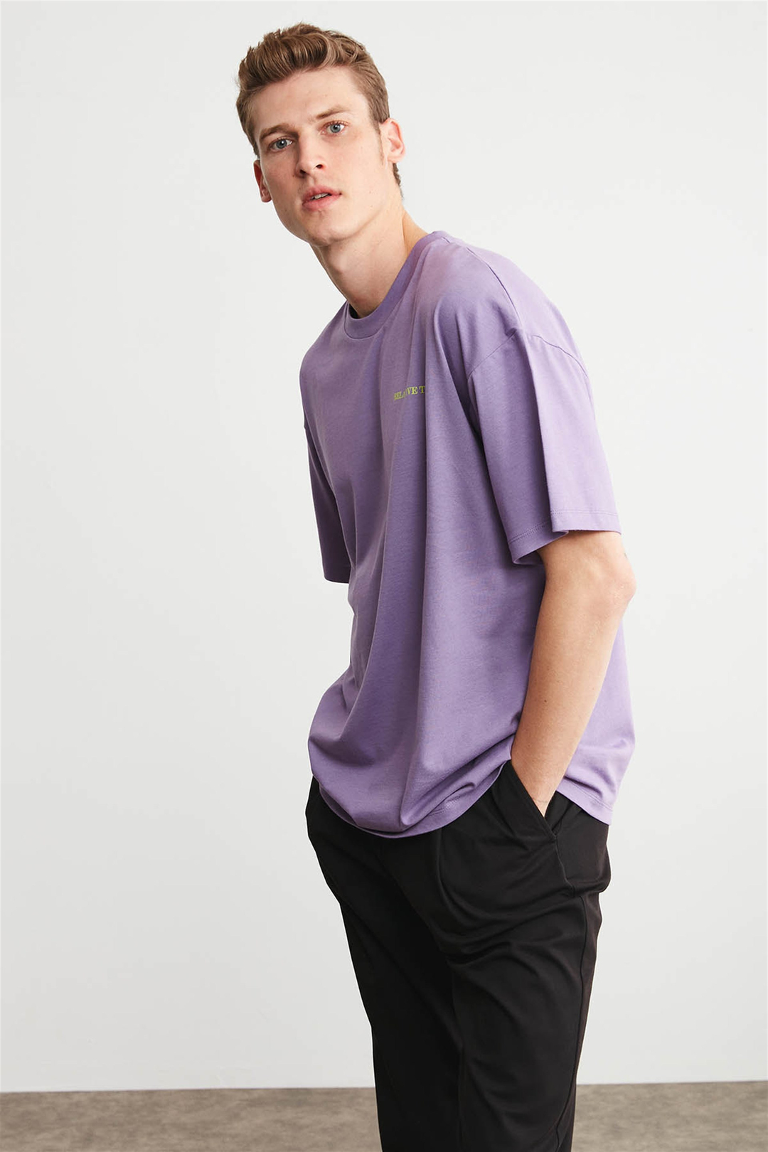 RUSH Erkek Mor Baskılı Yuvarlak Yaka Oversize T-Shirt