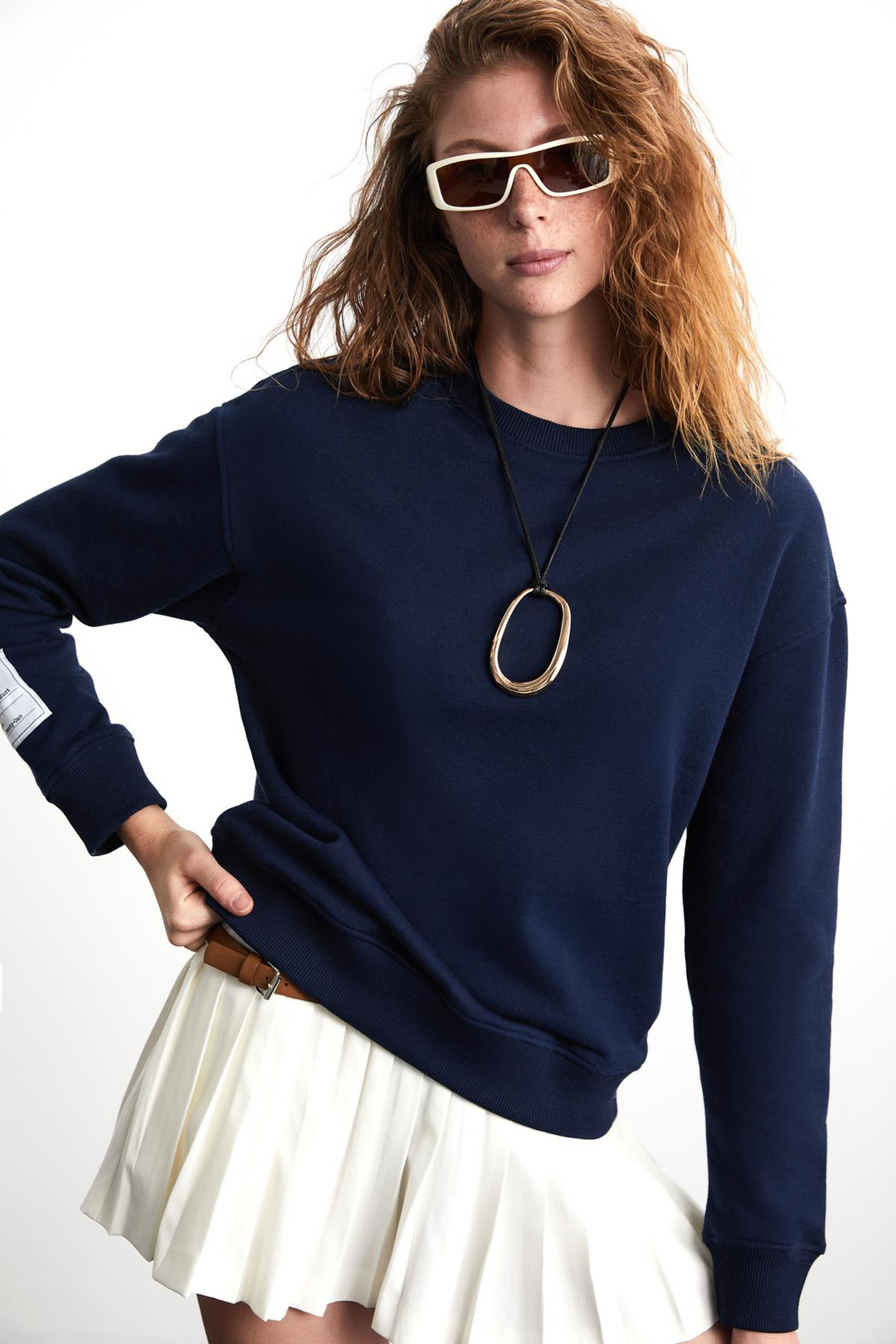SAHIAN Basic Regular Lacivert Tekli Sweatshirt